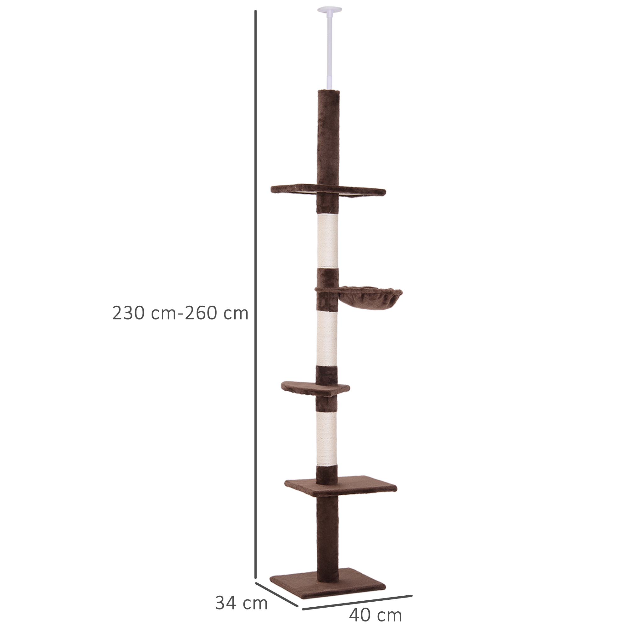 Kratzbaum Deckenhoch höhenverstellbar, stabiler Katzenbaum mit Sisalsäulen, Katzen Kletterbaum, Braun, 40 x 34 x 230-260 cm
