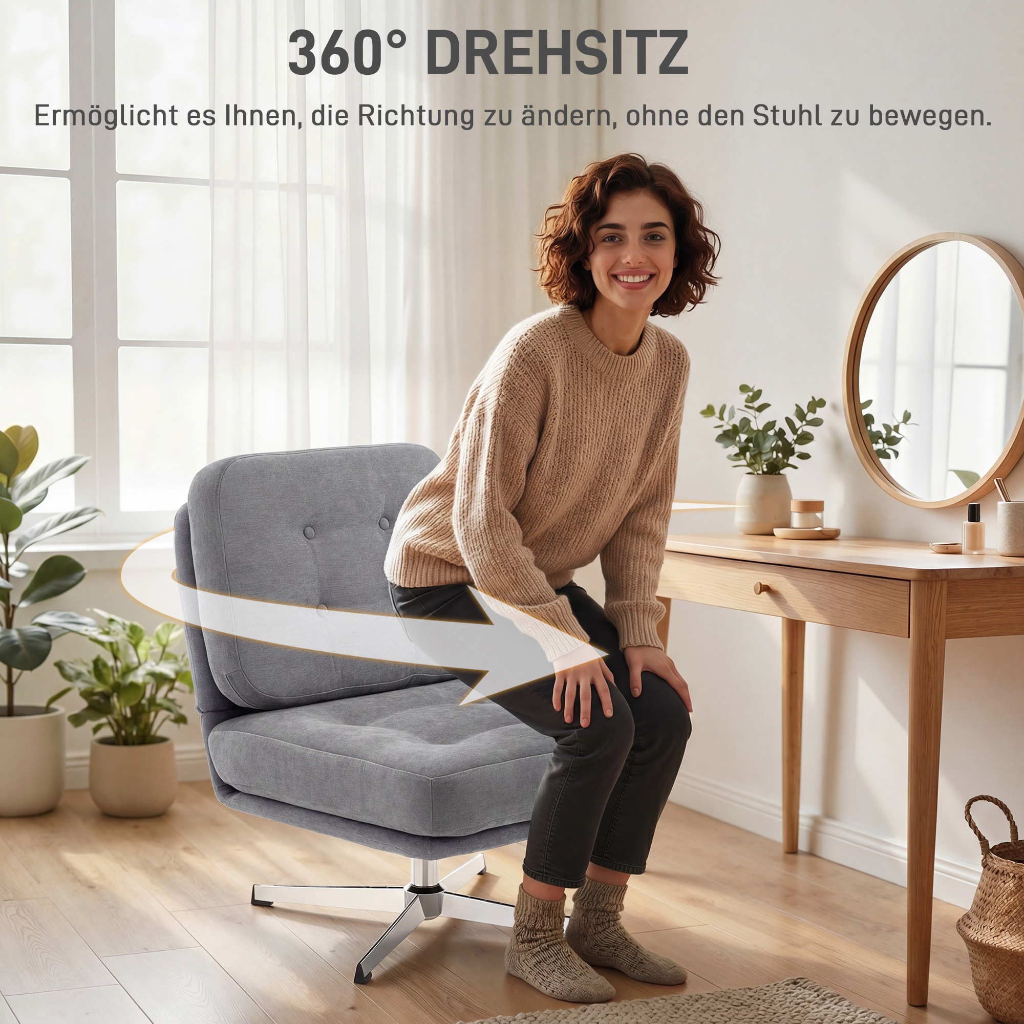 Drehbarer Akzentstuhl, gepolsterter Lesesessel mit Chenille, breitem Sitz, Federkissen und Metallbeinen, Hellgrau