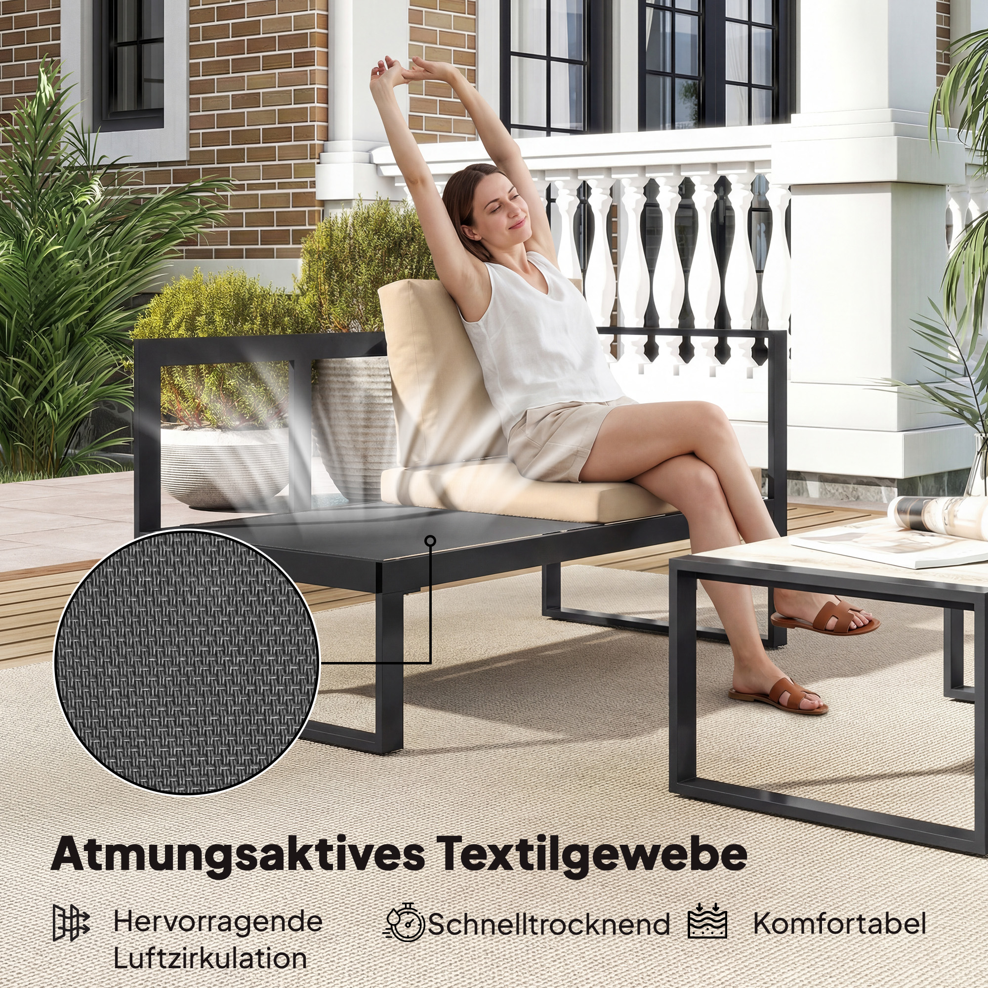 4-teiliges Gartenmöbel-Set, Sofa-Set mit 2 Zweisitzern, armloser Stuhl, Couchtisch, für Balkon, Khaki