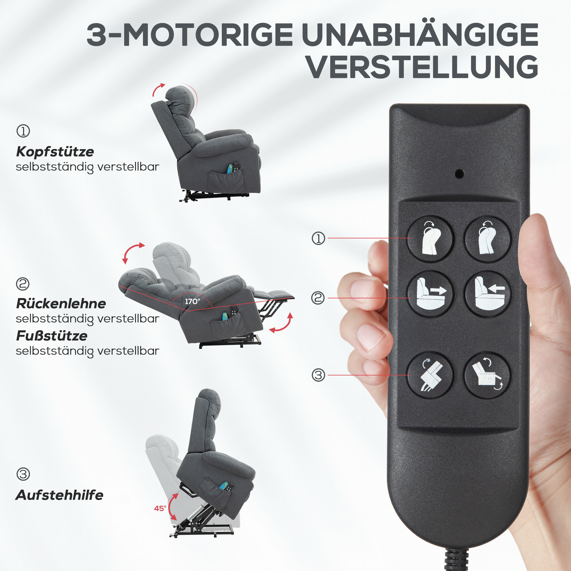 Aufstehsessel, elektrischer Liegesessel mit Massagefunktion, Polstersessel mit Aufstehfunktion, Metall, Stoff, Grau