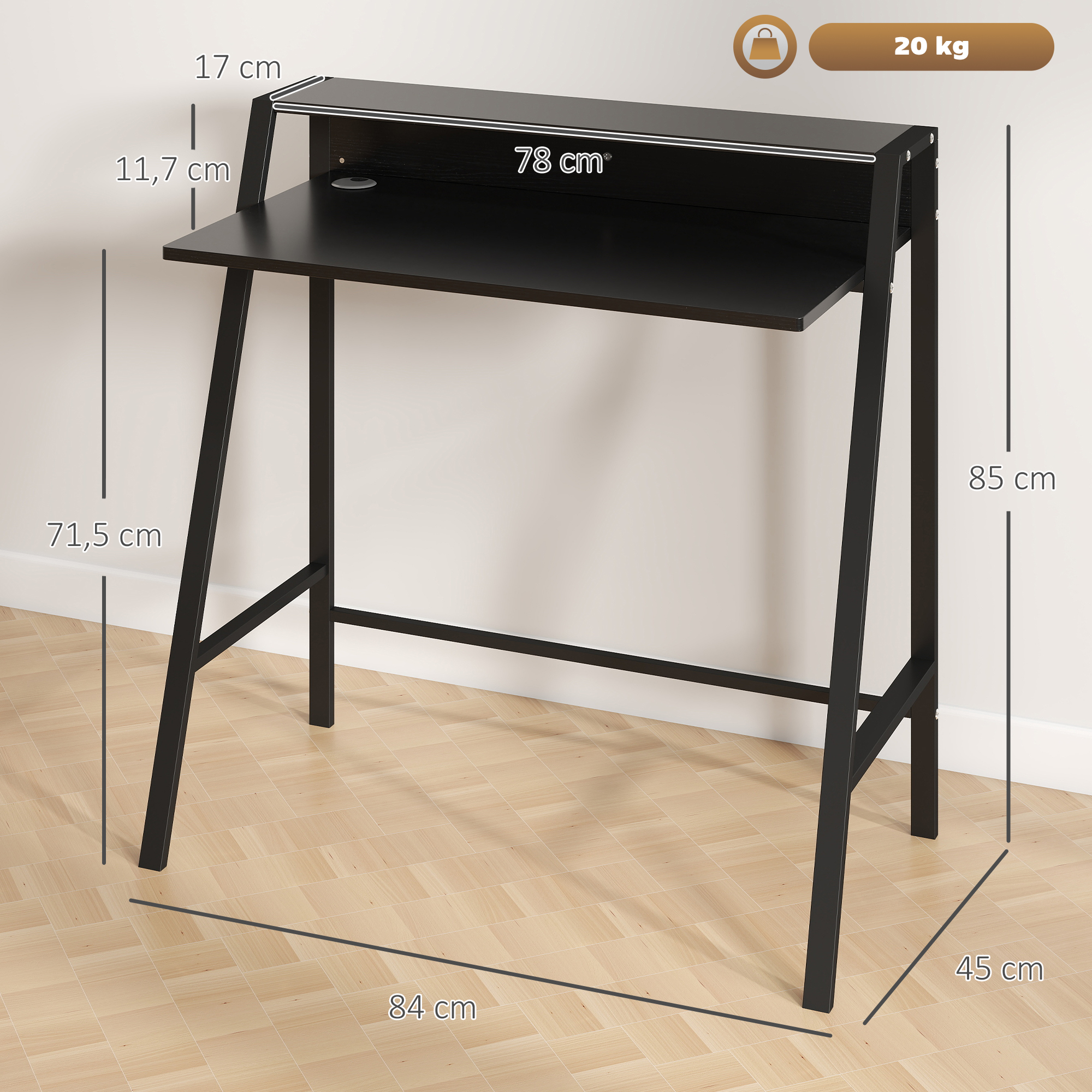 Schreibtisch, Computertisch mit Ablage und Kabel Management, moderner Schreibtisch mit Metallgestell für Arbeitszimmer, Schlafzimmer, Home Office, 84 x 45 x 85 cm, Schwarz