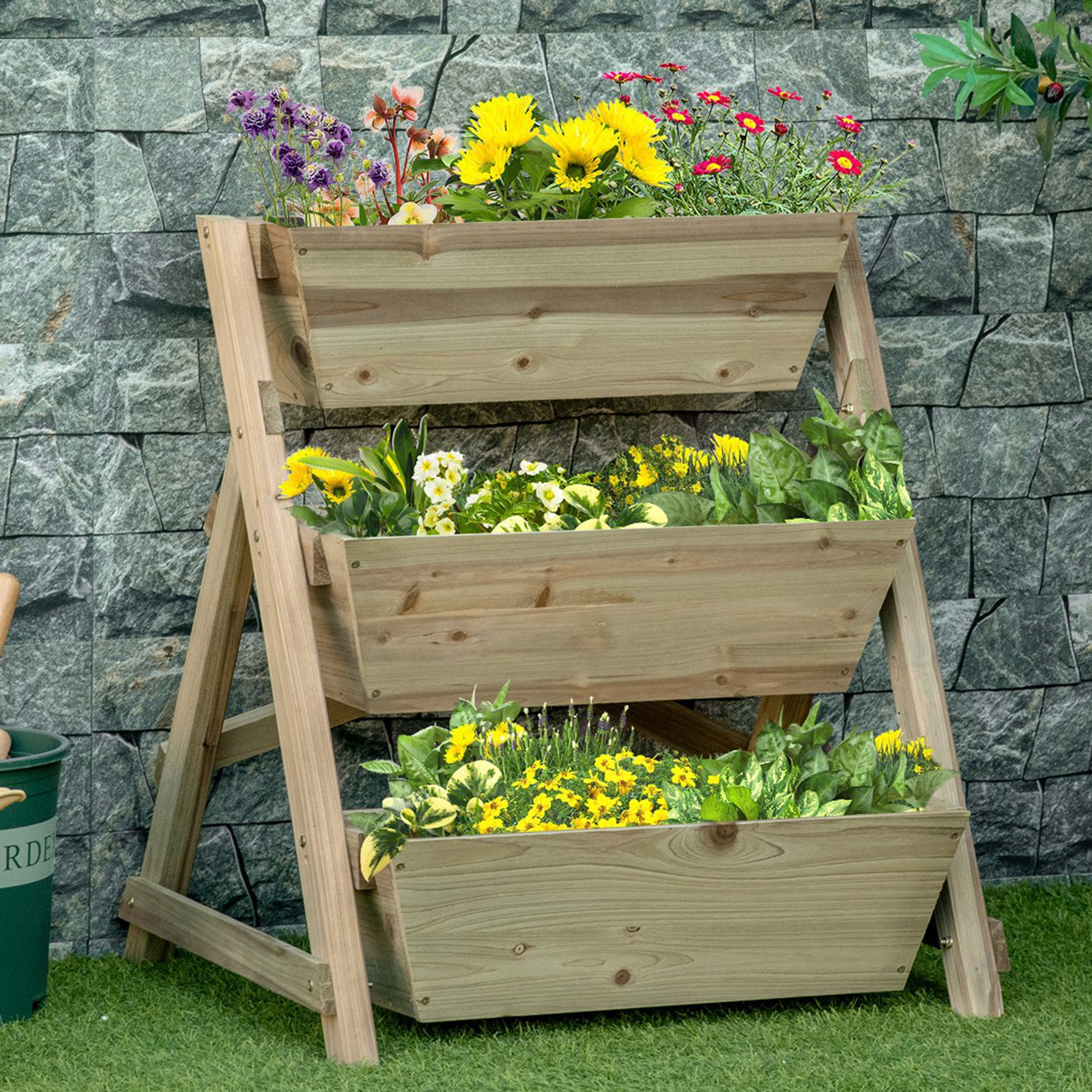 Hochbeet Blumentreppe Holz Blumenleiter mit 3 Ablagen Pflanzentreppe Pflanzregal Pflanzenständer Blumenregal Blumenständer Natur 71 x 61 x 77 cm