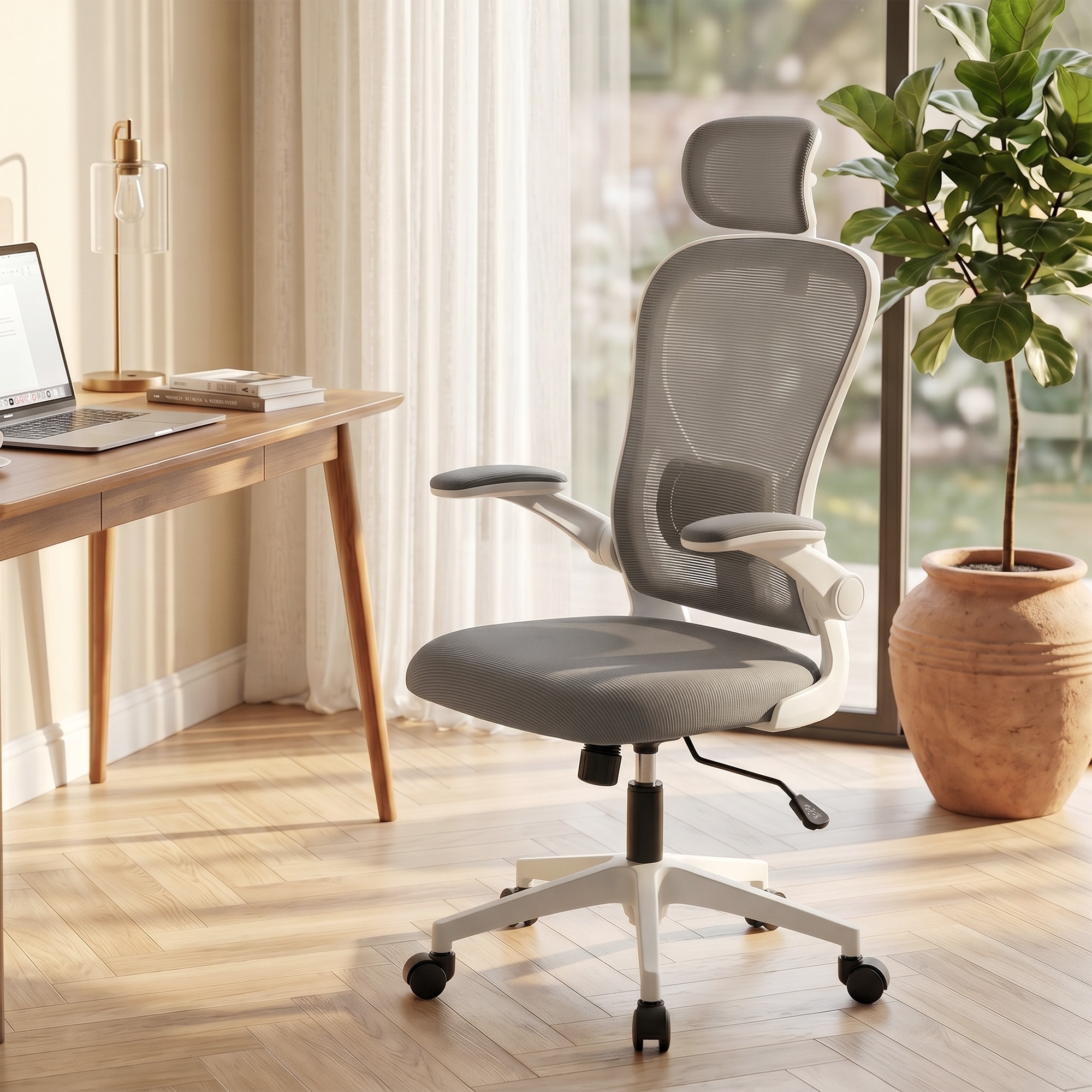 Bürostuhl Ergonomischer Schreibtischstuhl mit Hochklappbaren Armlehnen, Verstellbarer Lendenwirbelstütze Grau