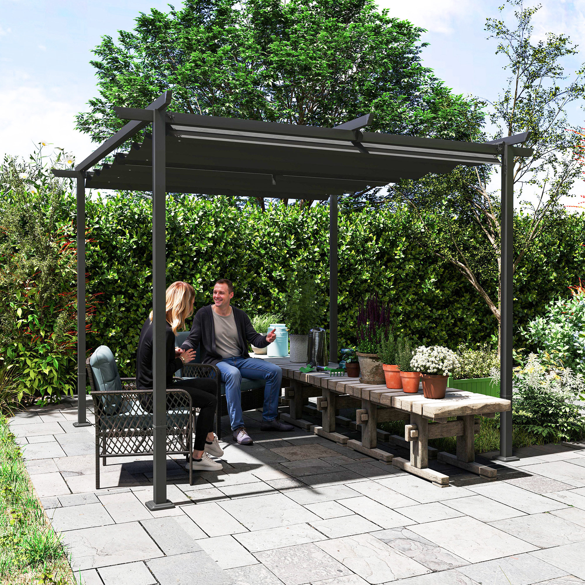 3 x 3 m Garten-Pergola mit verstellbarem Dach, Metallrahmen, UPF30+ Schutz, Sonnendach für Veranda, Terrasse, Dunkelgrau