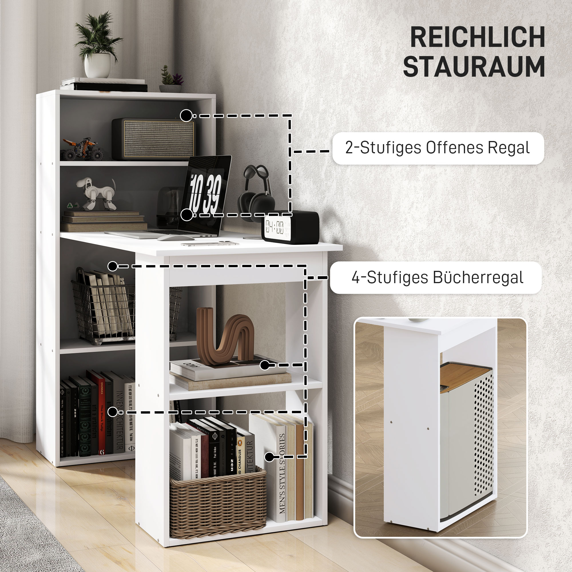 Schreibtisch Bürotisch Computertisch, 2 Regale, 5 Regalböden, 120 cm x 55 cm x 120 cm, Weiß