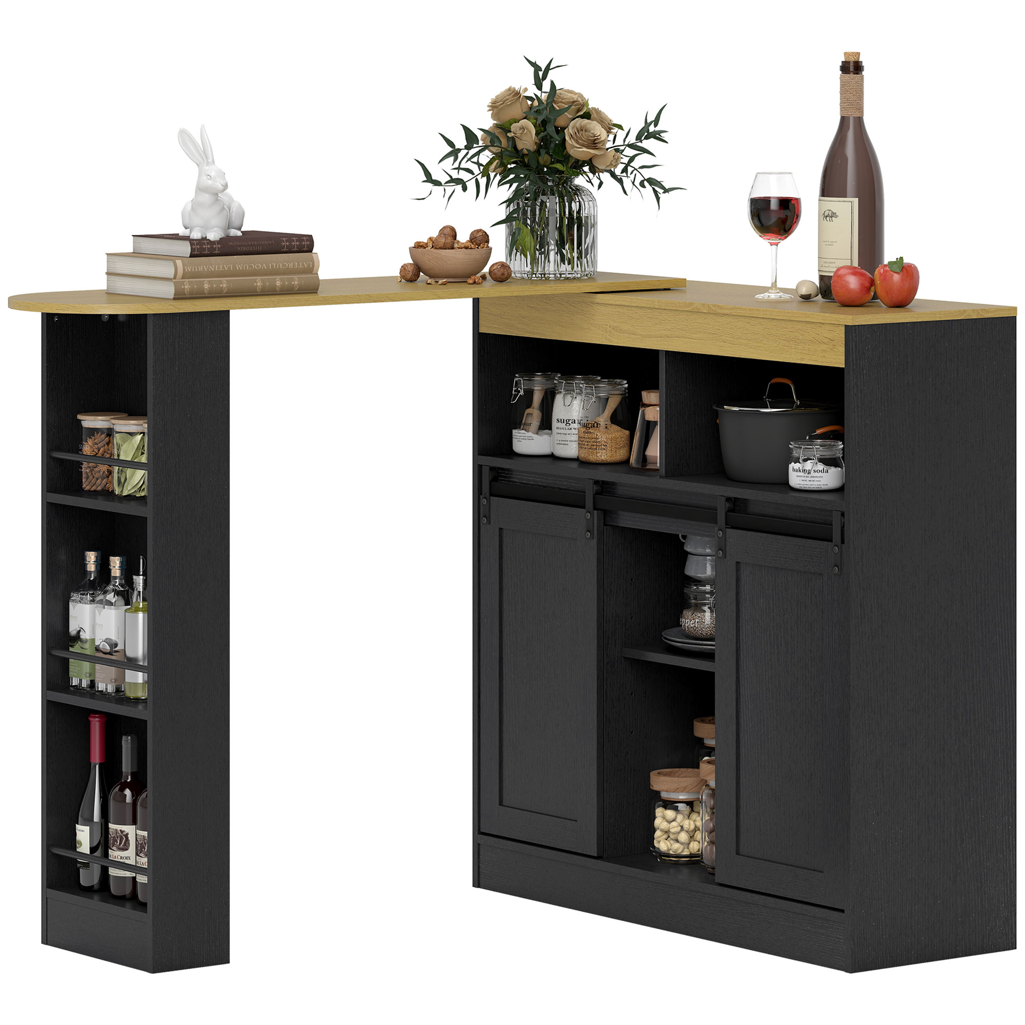 Ausziehbarer Bartisch, zu L-Form umwandelbar, viel Stauraum, 3 verstellbare Regale, Spanplatte, MDF, Schwarz Ausziehbarer Bartisch, zu L-Form umwandelbar, viel Stauraum, 3 verstellbare Regale, Spanplatte, MDF, Schwarz