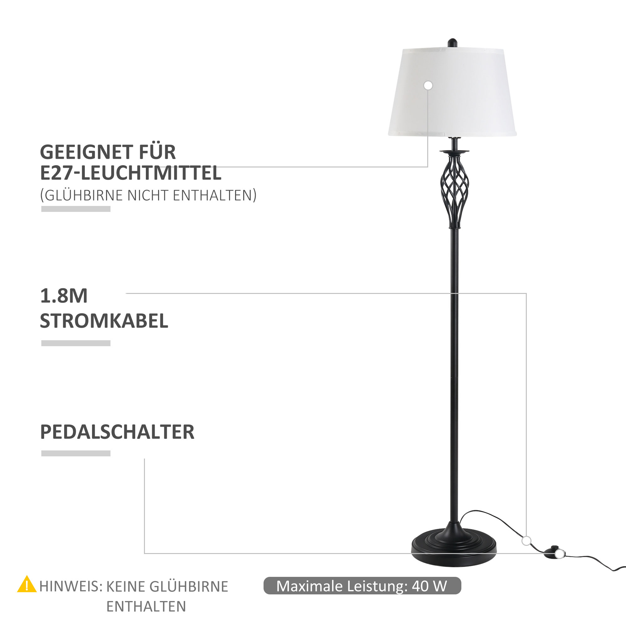 3er-Lampenset 2 Tischlampe(ø38 x 158H cm) + 1 Stehlampe(ø30 x 62H cm) Vintage Standlampe mit Fußschalter Leselampe für Wohnzimmer, Schlafzimmer Metall, Schwarz+Weiß