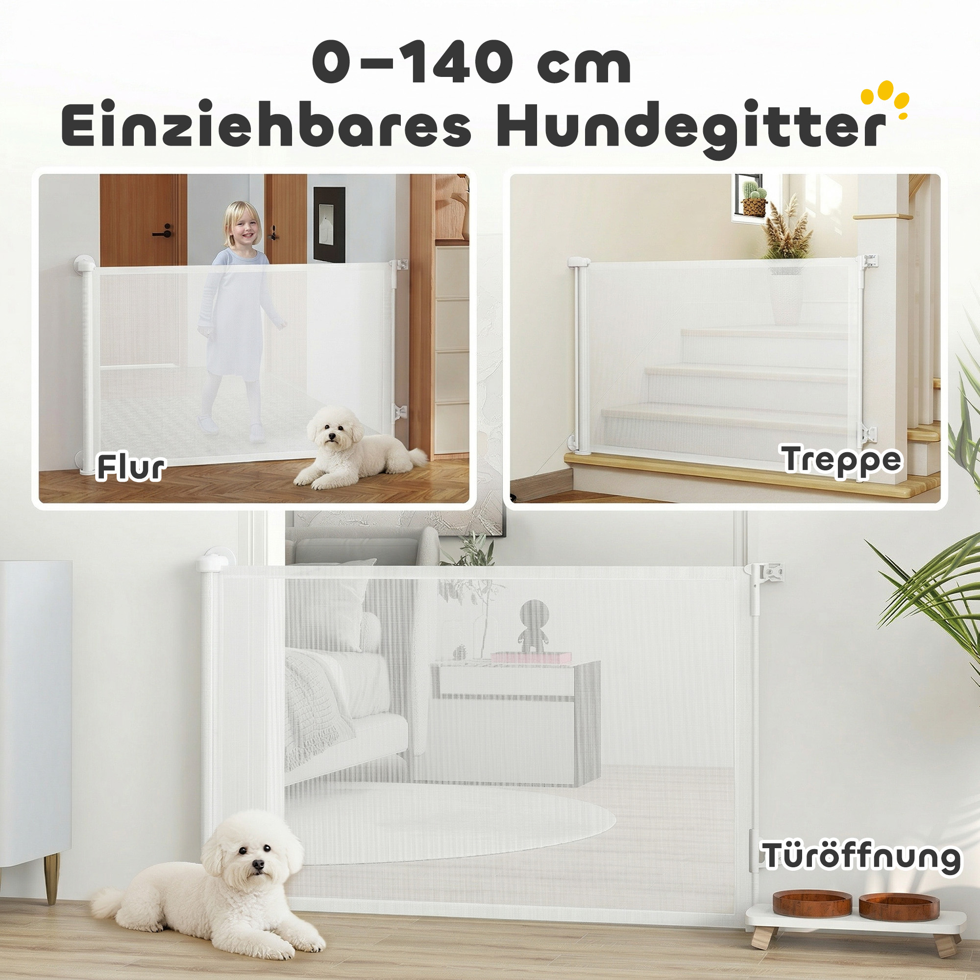 Treppenschutzgitter Türschutzgitter Ausziehbar 0-140 cm mit Einhandbedienung für Haustiere für Treppen Türen Weiß