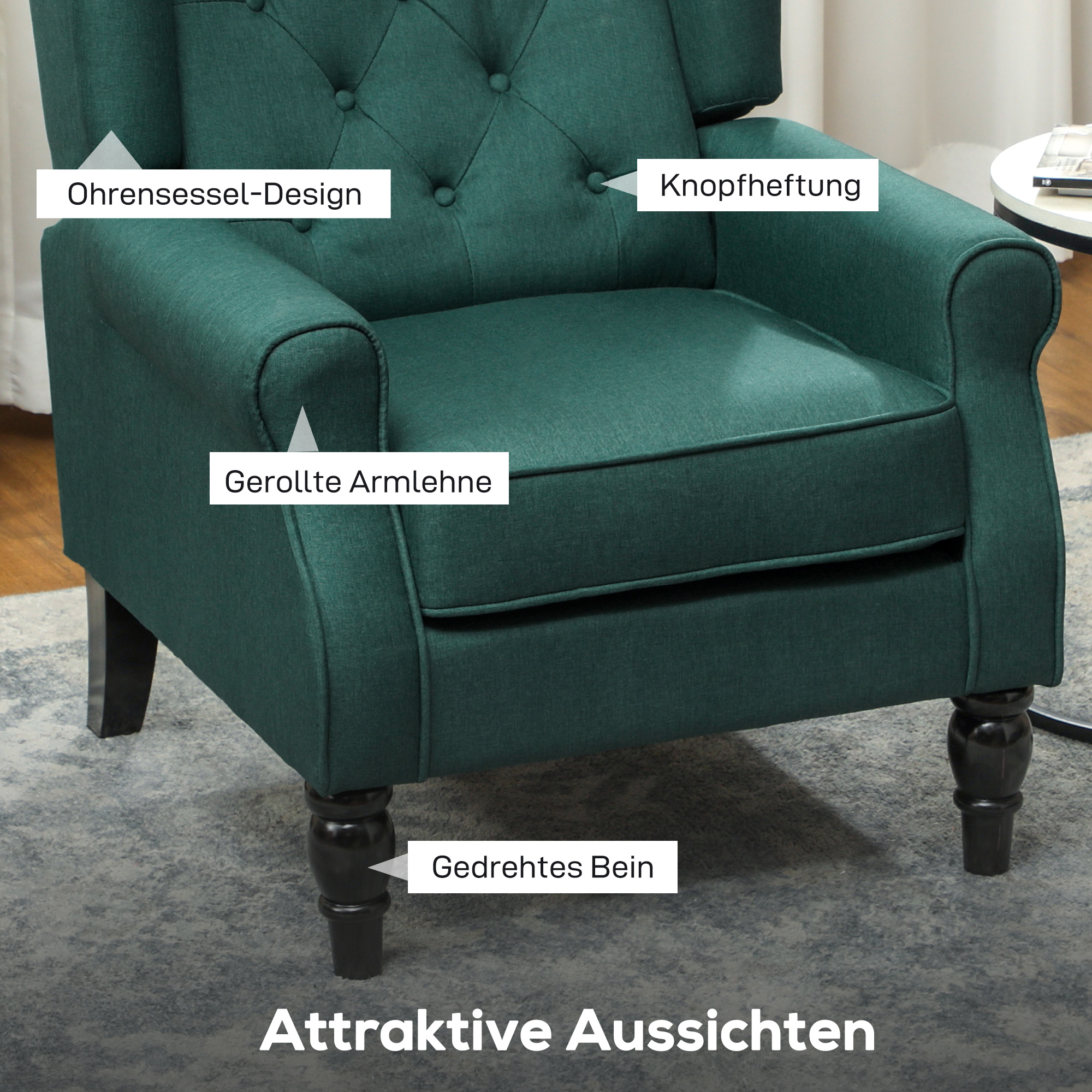 Eleganter Ohrensessel, dick gepolstert, abnehmbarer Bezug, 74 x 86 x 102 cm, Dunkelgrün