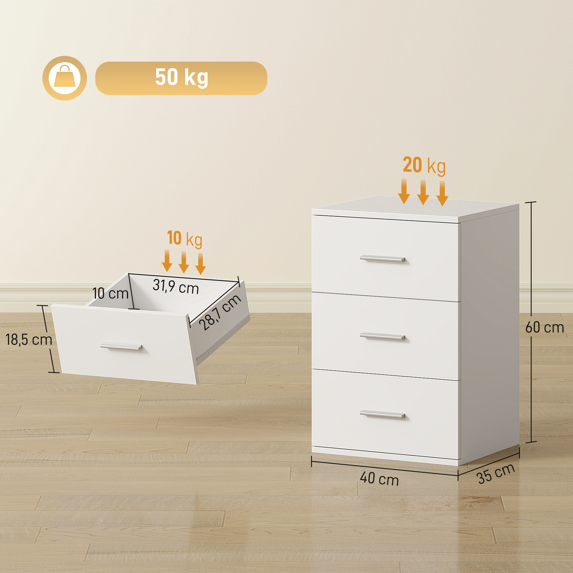 Nachttisch mit 3 Schubladen, Beistell-Kommode für Schlafzimmer, MDF, Weiß