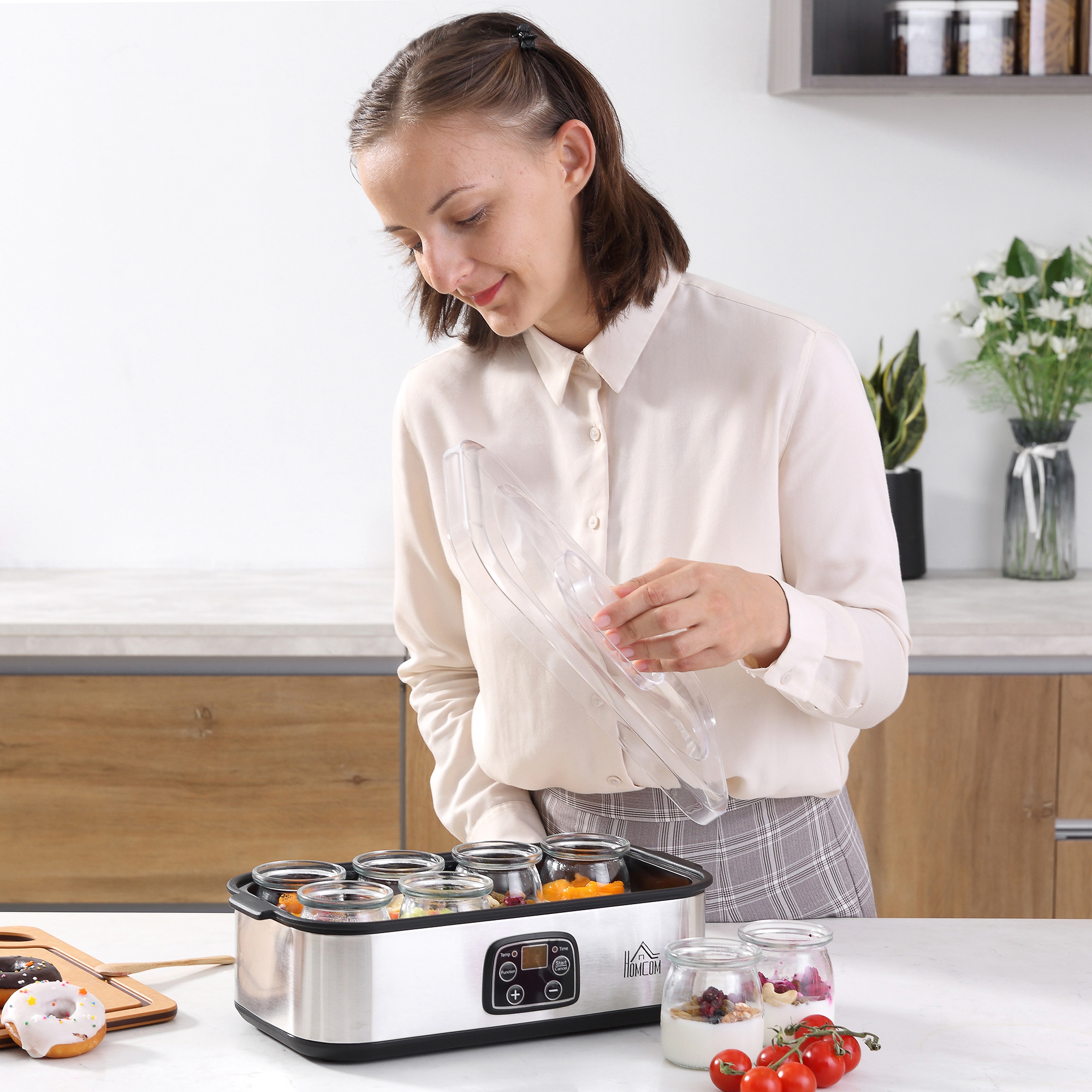 Joghurtbereiter, griechische Joghurtmaschine mit Deckel, 8 BPA-freier Glas-Innenbehälter à 180 ml, Joghurt Maker mit LCD Display Timer, für bis zu 1,4 Liter Joghurt 25 W Silber