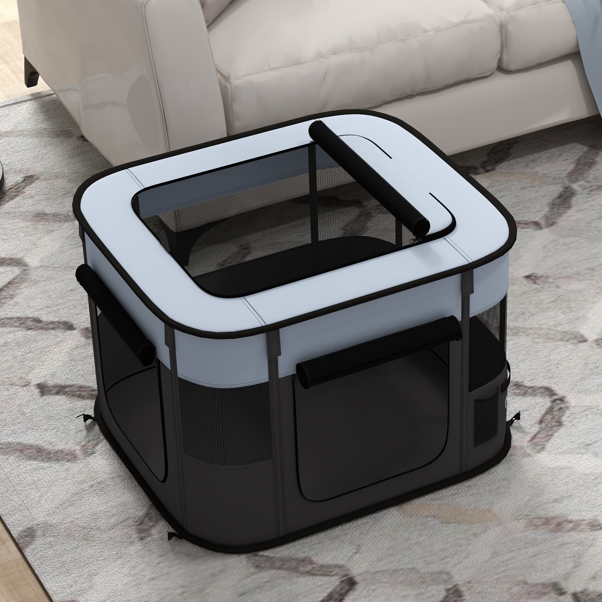 Spielgehege für Haustiere, faltbar, mit Aufbewahrungstasche, für Welpen und Kätzchen, drinnen und draußen, Grau