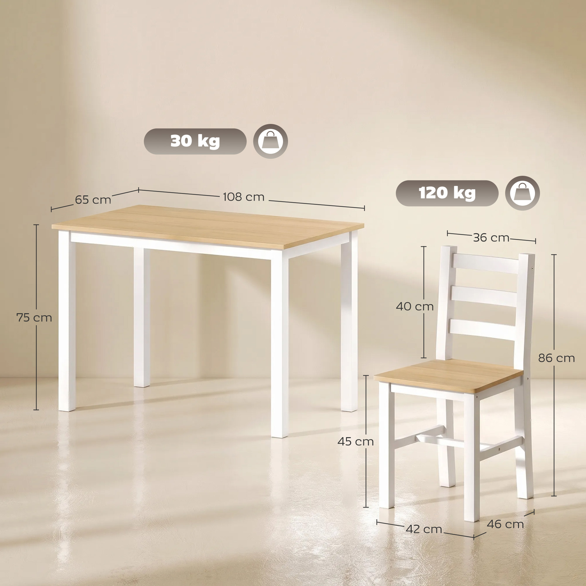 5-teiliges Essgruppe für 4 Personen, Landhaus-Esstisch und Stühle aus Massivholz, Natur/Weiß