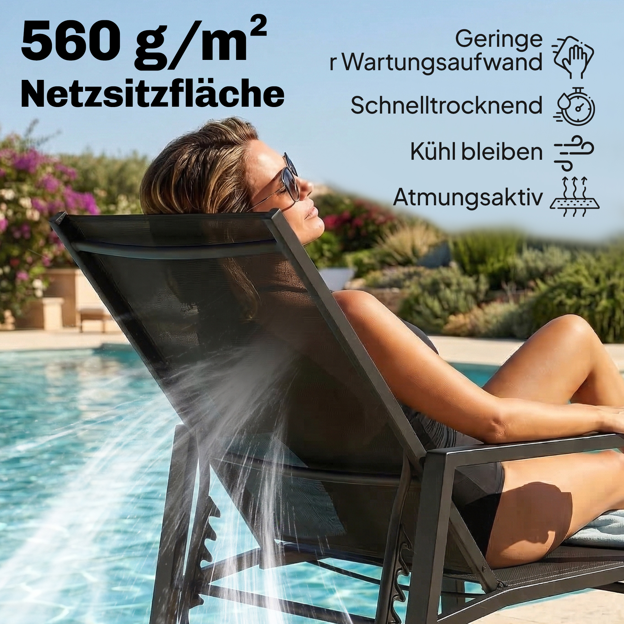 Sonnenliege Klappbar tragbar Gartenliege mit ausziehbarer Fußstütze 5-fach Verstellbar Rückenlehne Atmungsaktiv