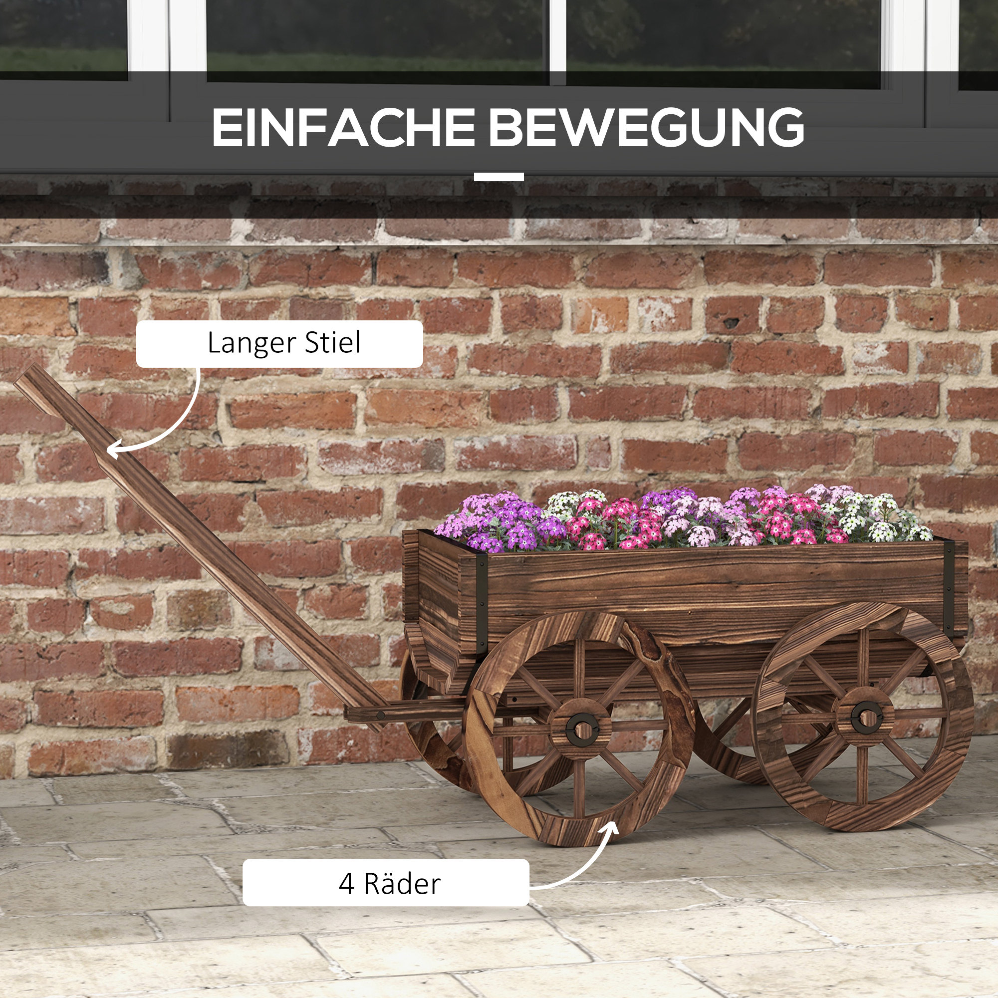Pflanzen-Schubkarre Hochbeet aus Holz, wetterbeständig, 120 x 41 x 50 cm, Braun