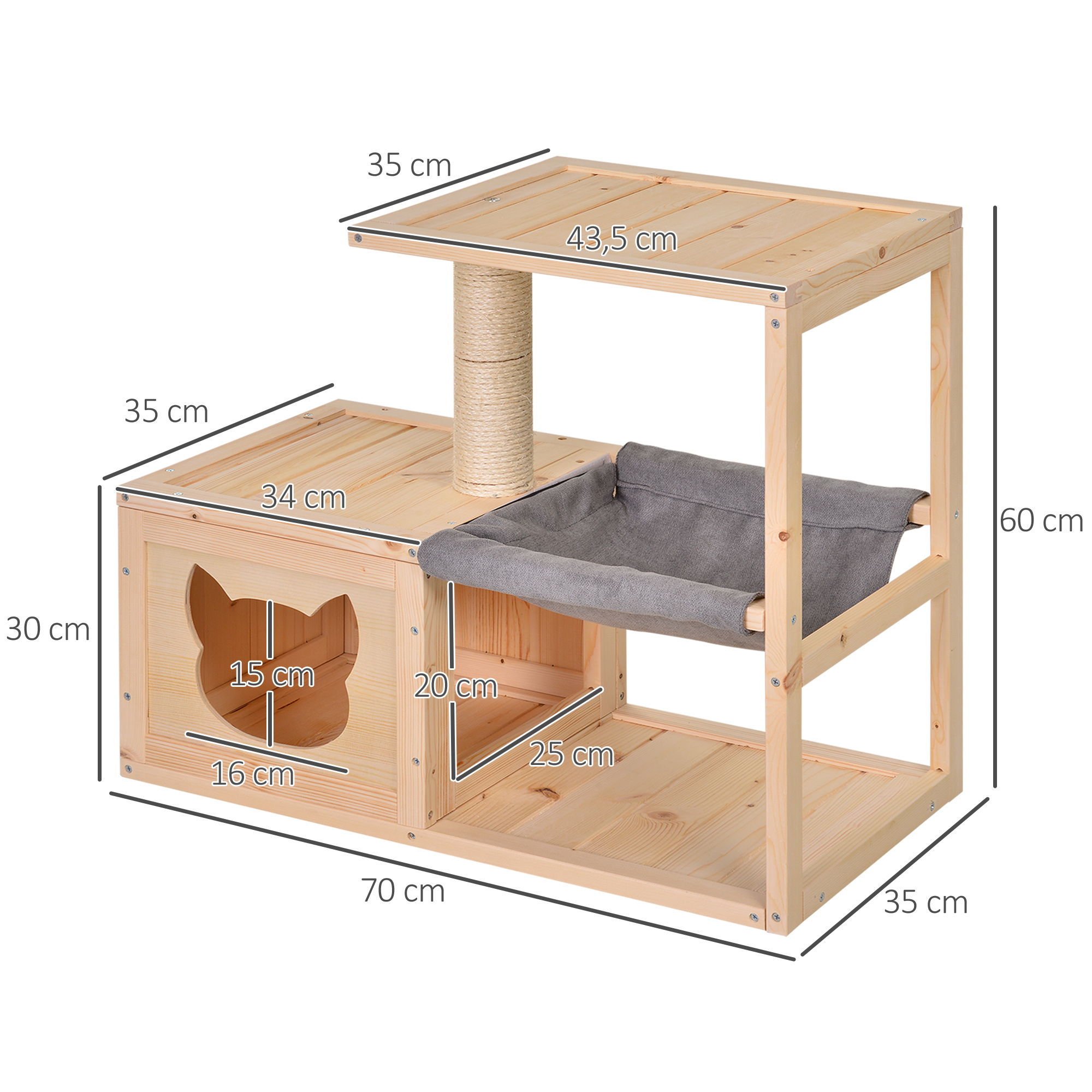 Katzenhaus mit Hängematte, Katzenkiste mit Sisalstamm, Katzenhöhle, Katzenbaum, Katzenaktivitätszentrum, Tannenholz, Natur, 70 x 35 x 60 cm
