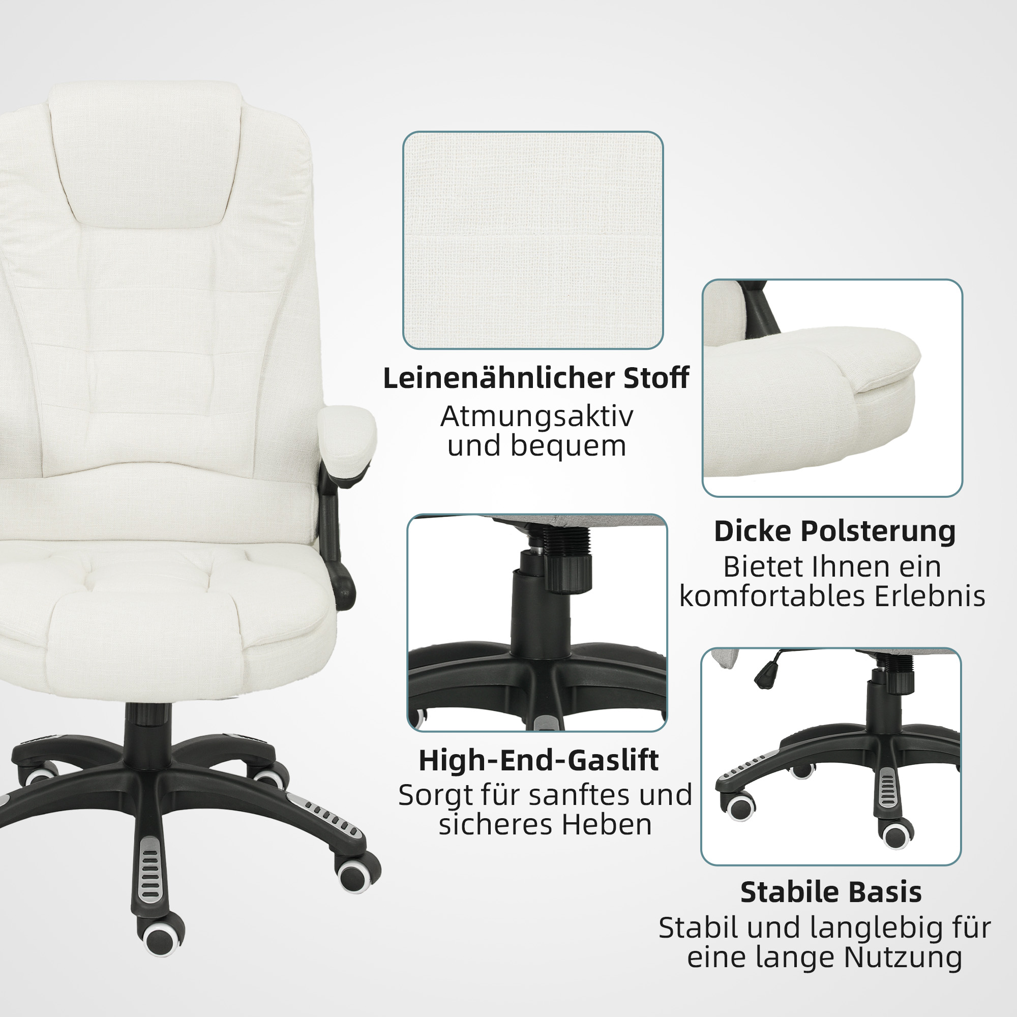 Ergonomischer Schreibtischstuhl mit Massagefunktion, 68 x 72 x 110–120 cm, Cremeweiß