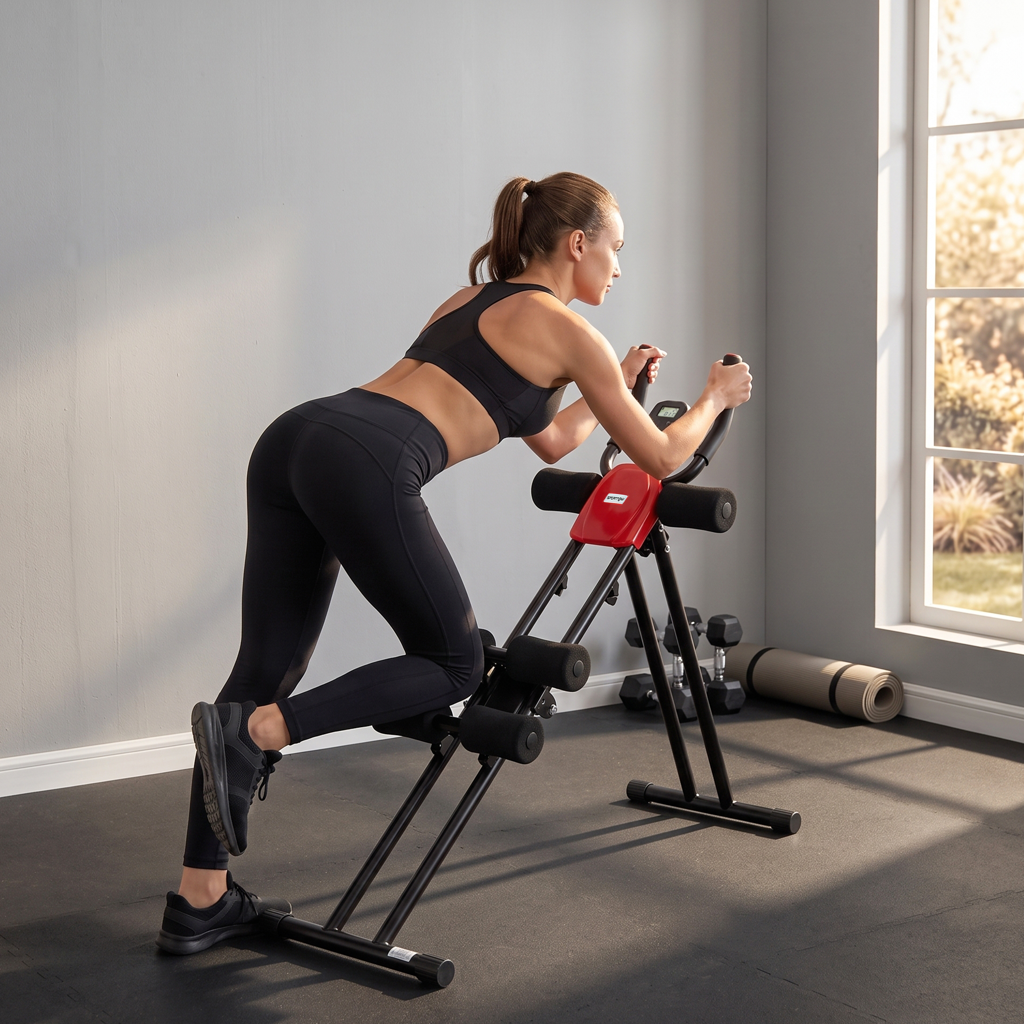 Bauchtrainer, Klappbarer Bauchmuskeltrainer mit LCD-Anzeige, Doppel-Schienen belastbar bis 120 kg, Stahl, Rot