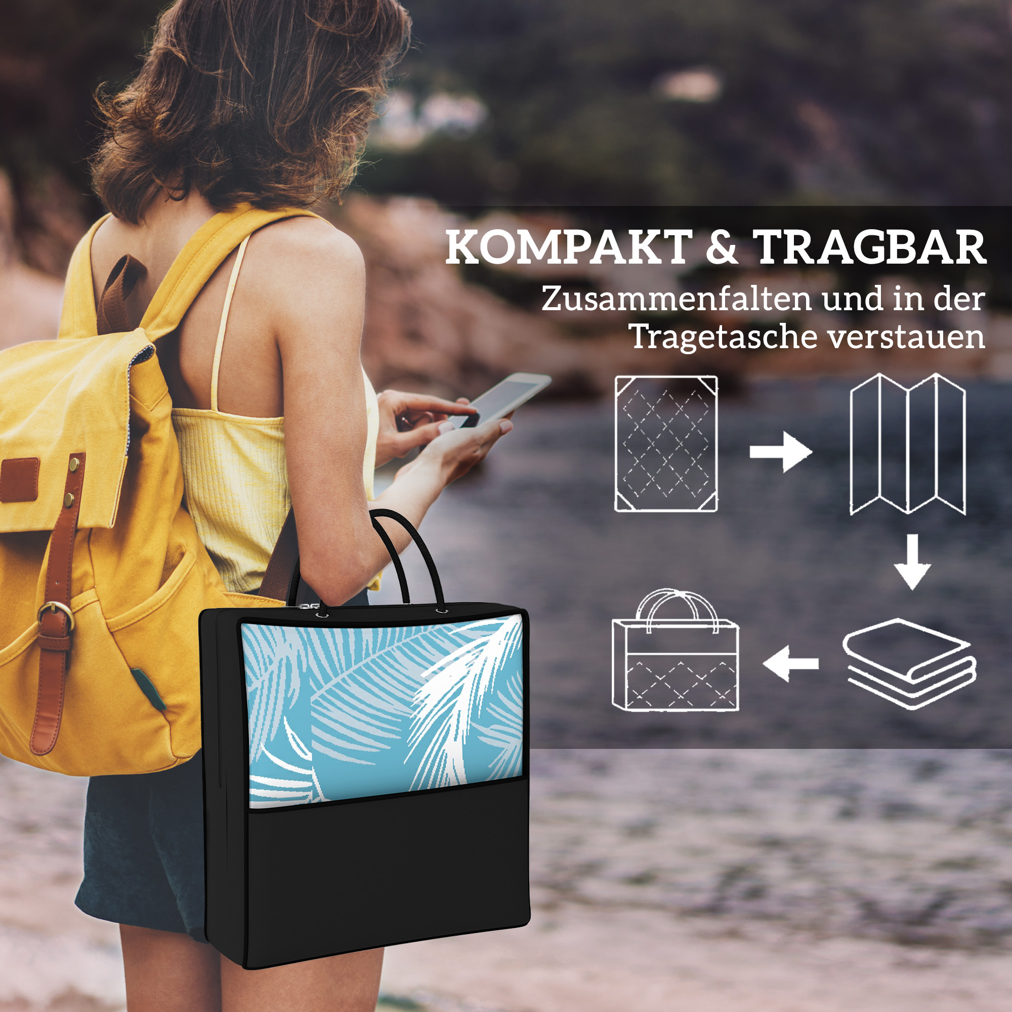 Outdoor Teppich wendbarer robuster Wetterfest Outdoorteppich mit Tragetasche Bodenankern 274 x 182 cm Hellblau+Weiß