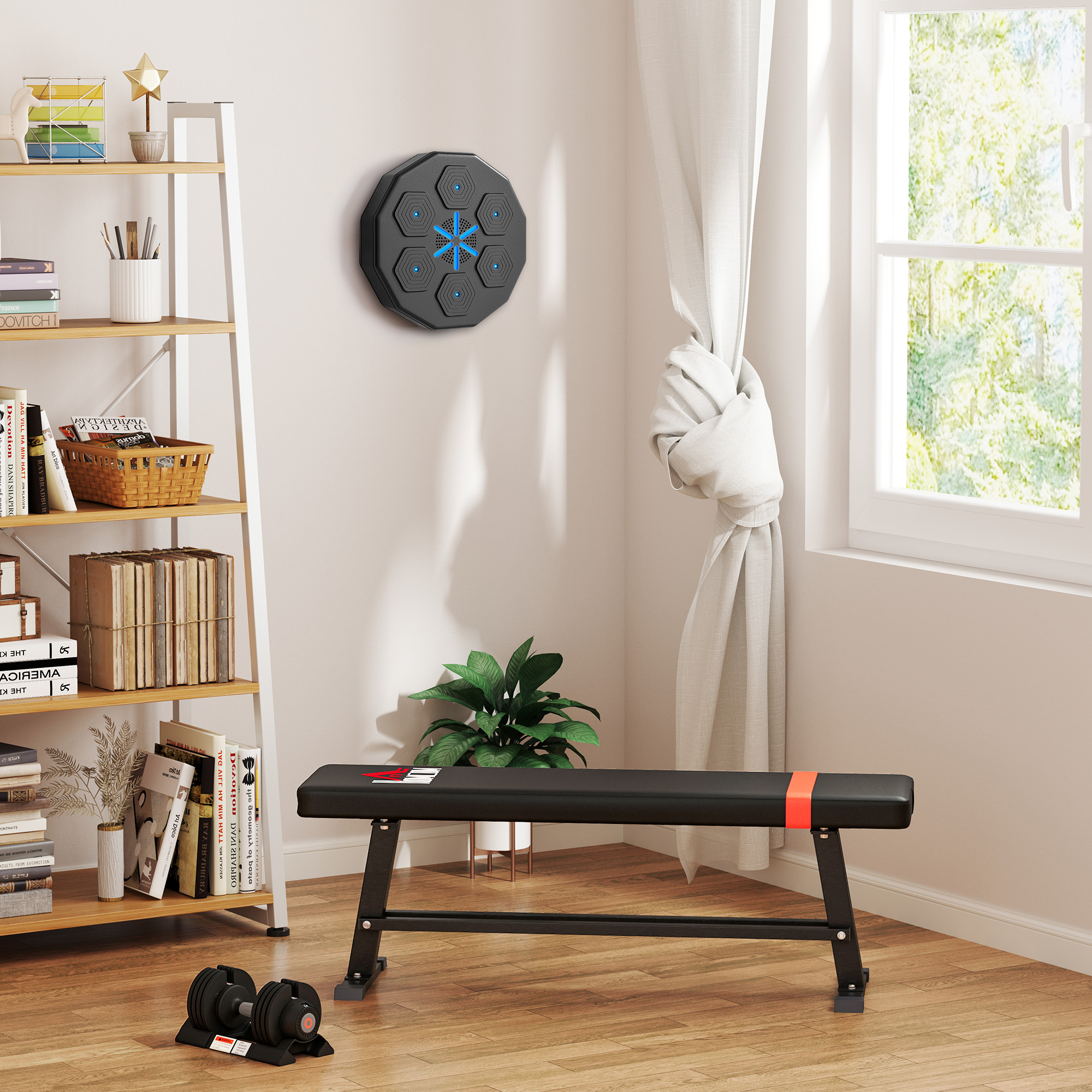 Boxtrainer mit Musikfunktion, Bluetooth, leuchtende Punkte, Wandaufhängung, Kunstleder, Schwarz