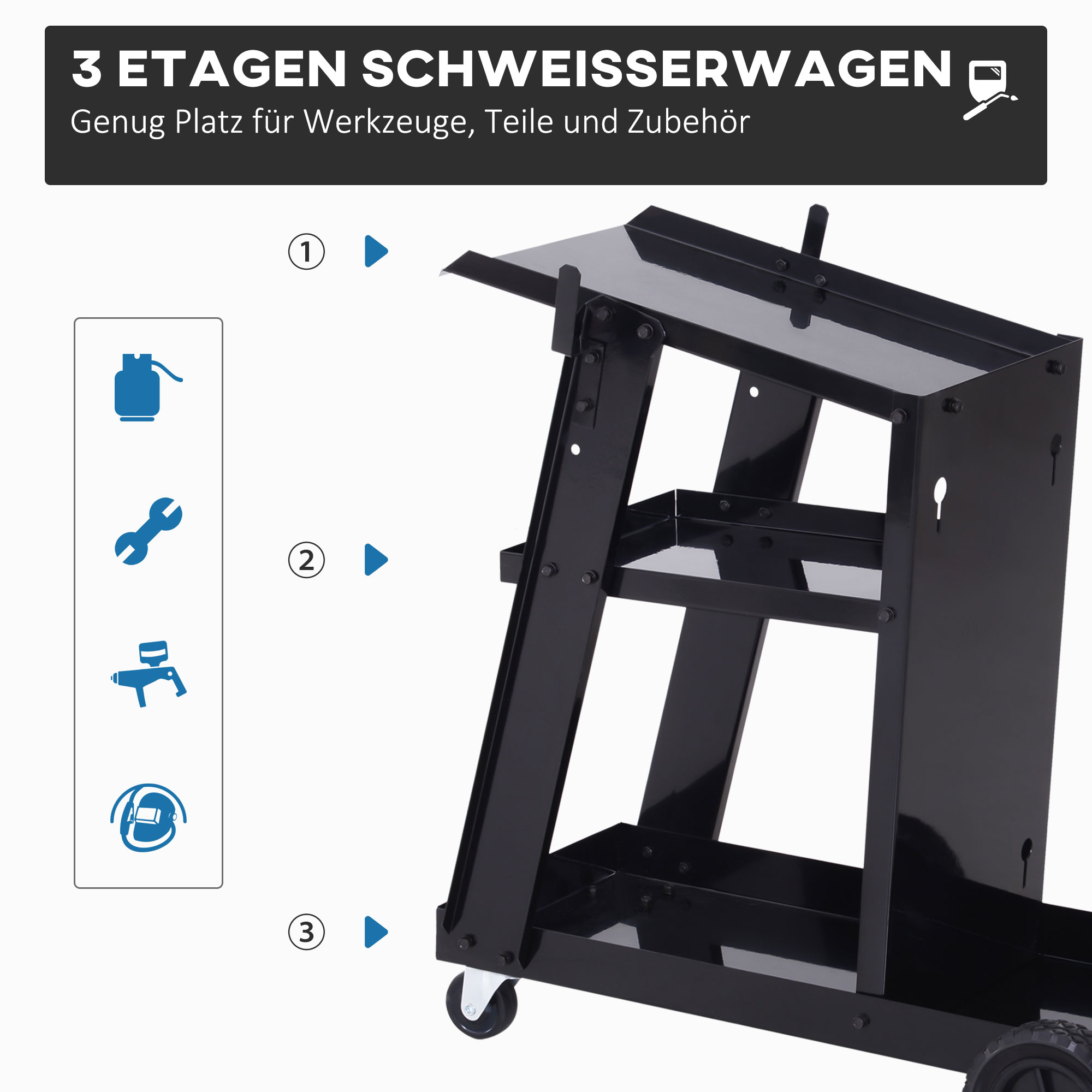Schweißwagen, 3 Ablagen, Sicherheitskette, 4 Räder, Stahl, 71 x 39 x 70cm, Schwarz