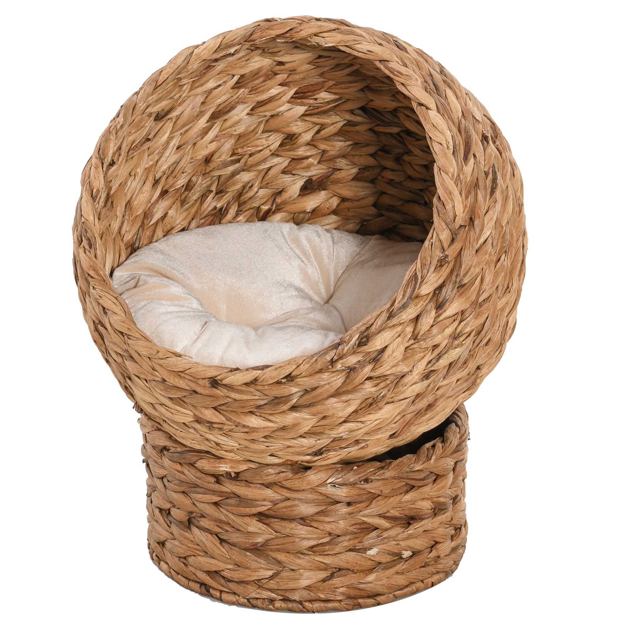 Rattan Katzenkorb Katzenhöhle Katzenhütte Katzenbett mit Kissen Haustierbett Wasserhyazinthe Braun 50 x 42 x 60 cm