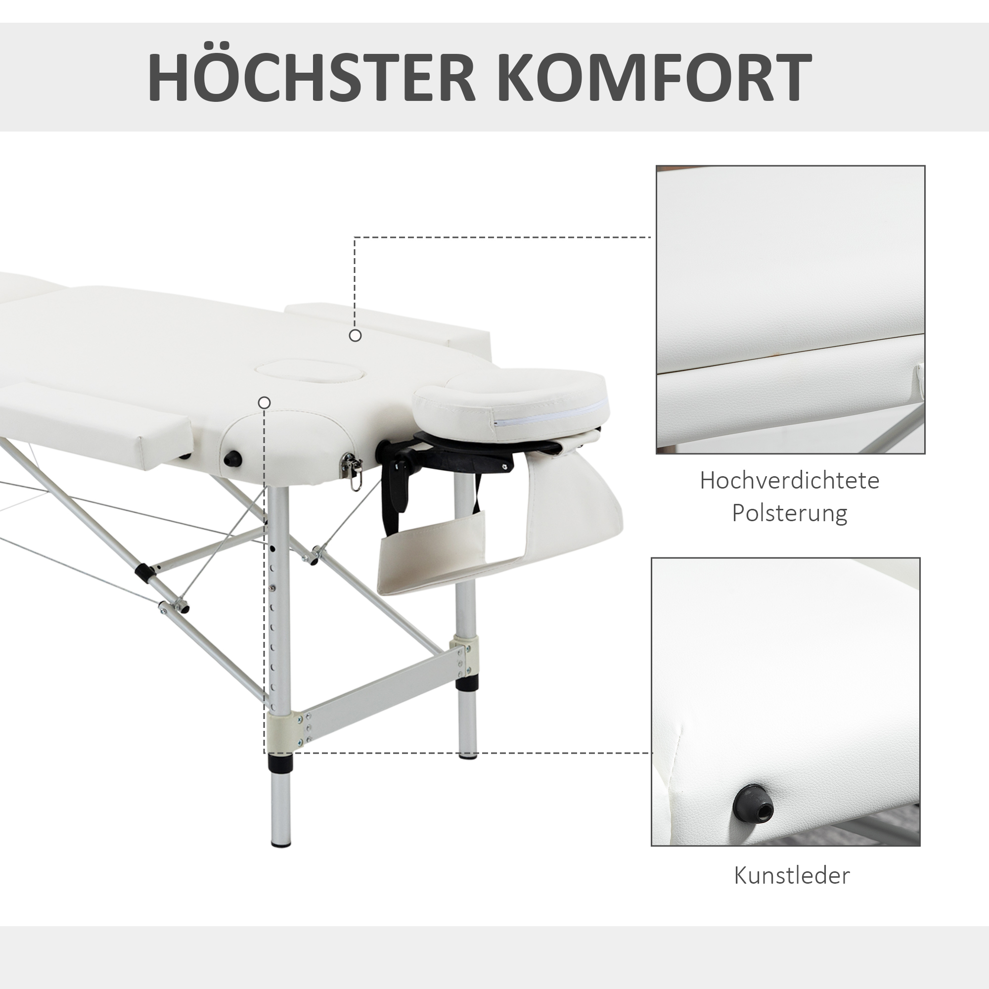 mobile Massageliege, 3 Zonen, klappbarer Massagetisch mit Kopfstütze, Armlehne, Tragetasche, höhenverstellbare Aluminium Massagebett tragbar inkl. Zubehör Massagebank bis 225 kg Belast weiß