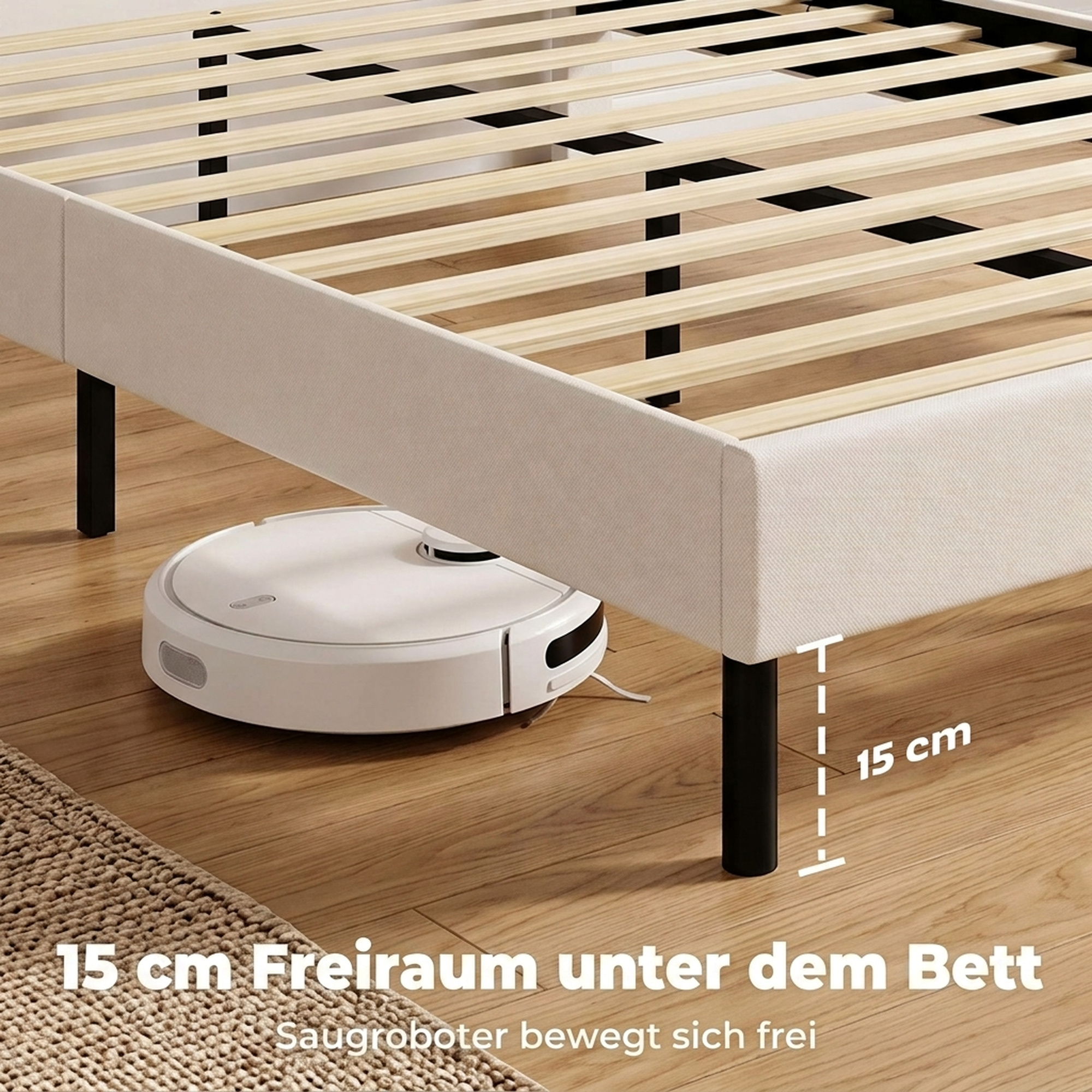 Bettgestell 140 x 200 cm mit verstellbarem Kopfteil, Polsterbett in Leinenoptik mit 12 Sperrholzlatten, Beige