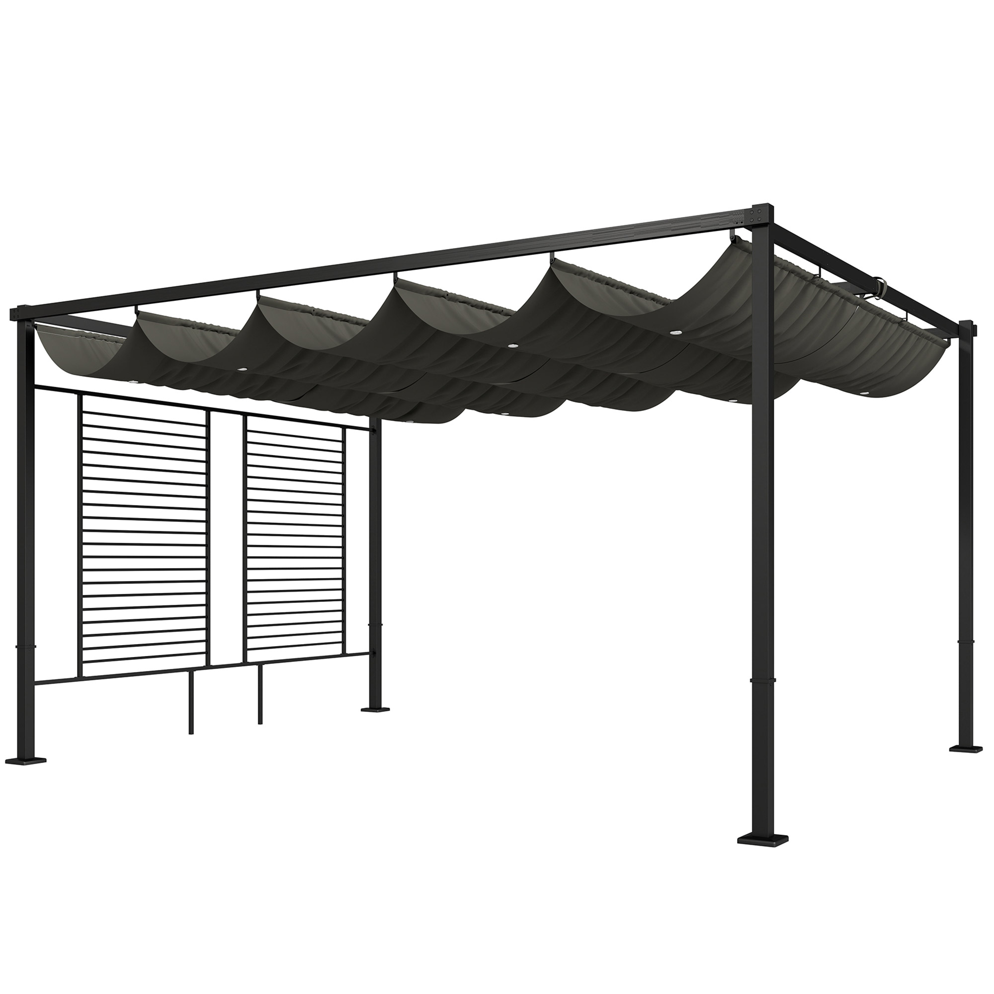 Pergola 3,87 x 2,97 m Terrassenüberdachung mit Schiebedach, 2 Sichtschutz, UV 50+ Dunkelgrau