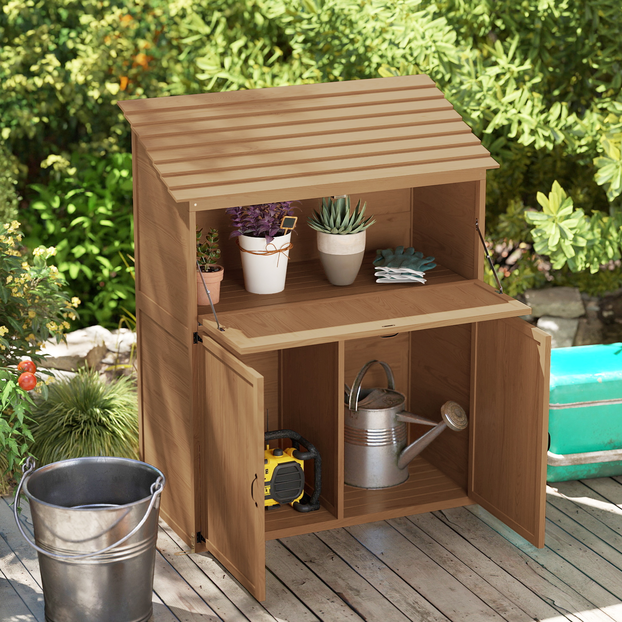 Garten-Aufbewahrungsschrank mit ausklappbarem Tisch, Werkzeugschrank mit Dach, 110 x 54 x 136 cm, Tannenholz, Braun