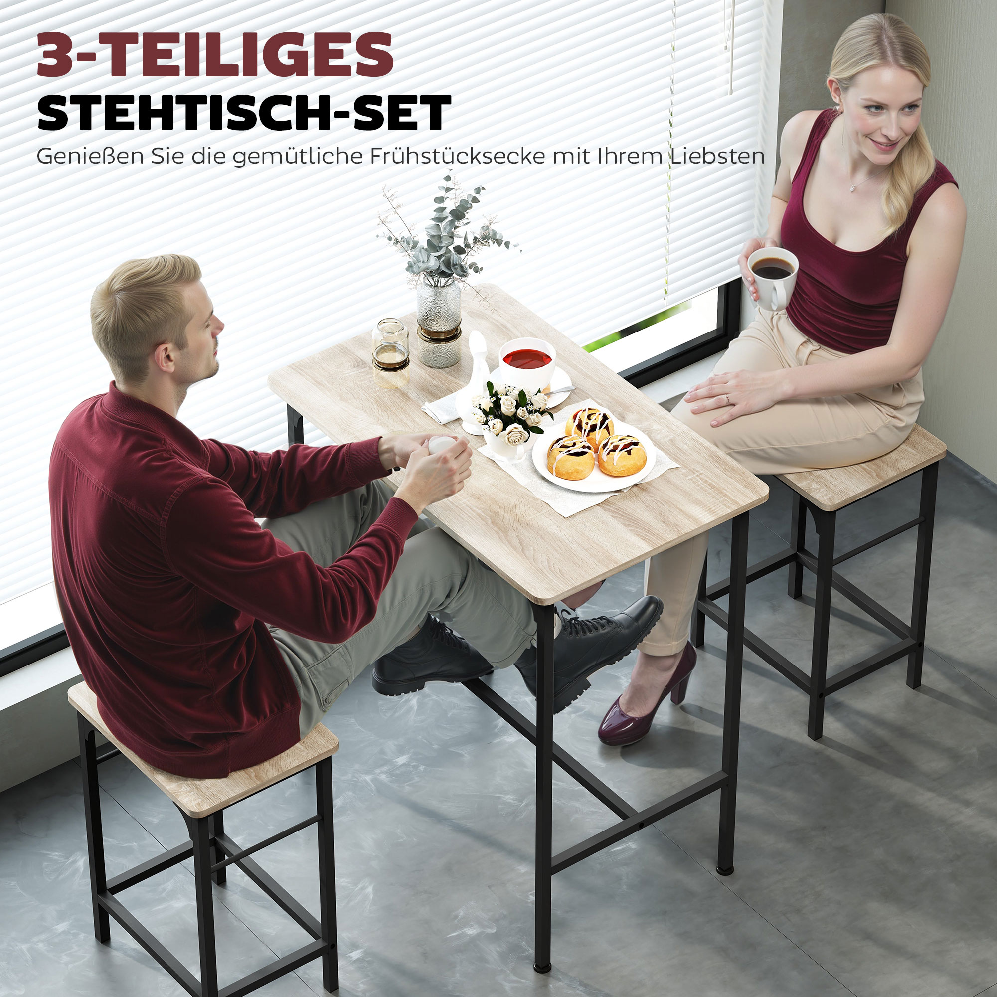 Bartisch Set Bartisch mit Barhocker-Set Esstisch mit 2 Stühlen mit Rutschfestem Fußpolster Naturholz