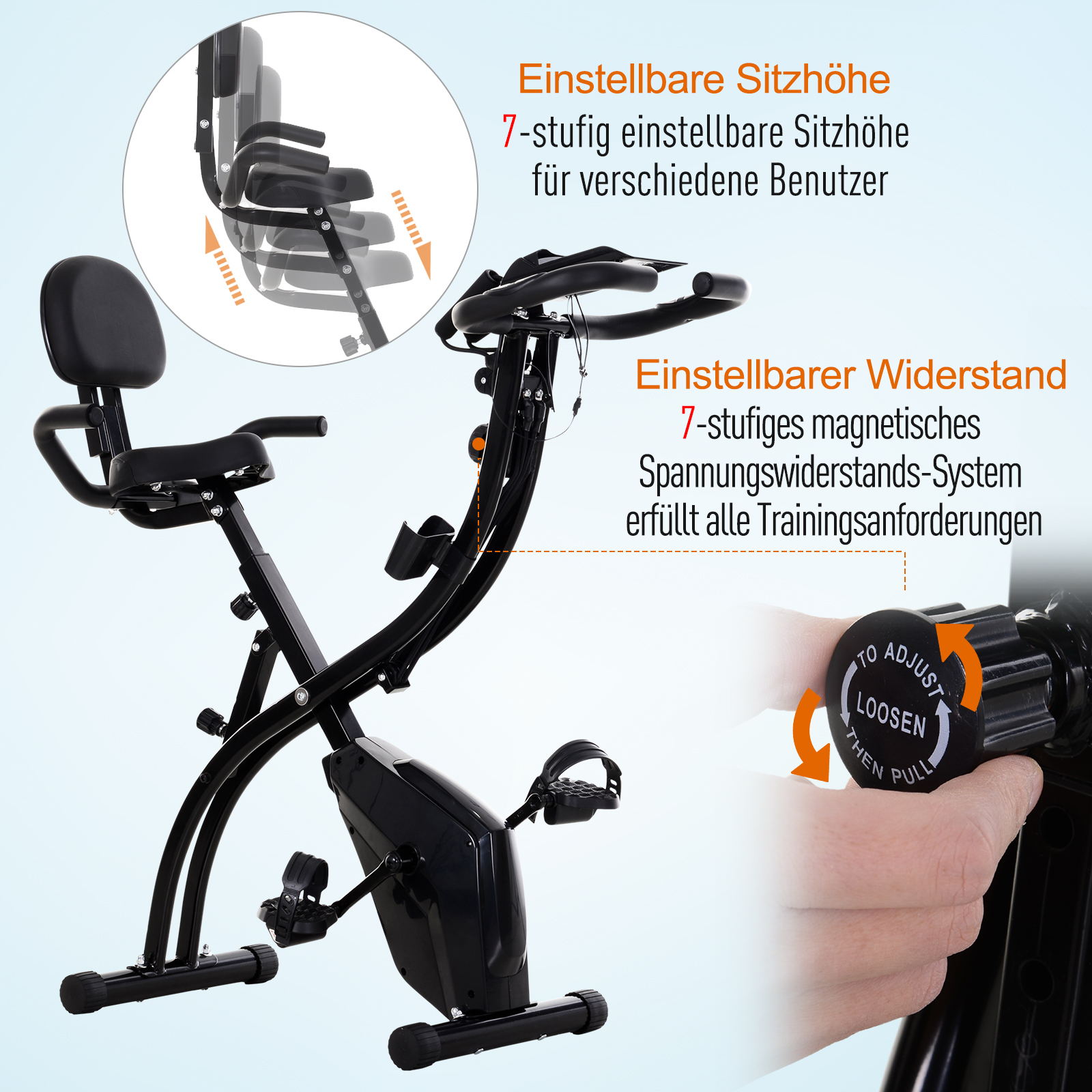 Heimtrainer 2-in-1 Fahrradtrainer mit LCD-Display Pulsmesser verstellbar Sitz Räder, klappbarer Hometrainer Trimmrad mit 8 stufig Magnetwiderstand, Spannseil, Stahl