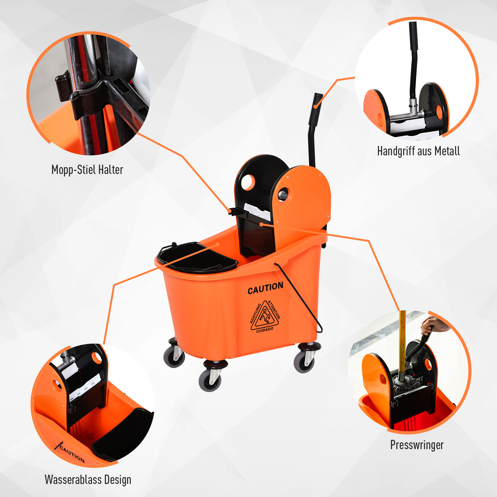 Reinigungswagen 36 Liter Fahreimer Putzeimer Wischwagen mit Auswringvorrichtung, Orange, 54 x 41 x 91,5 cm