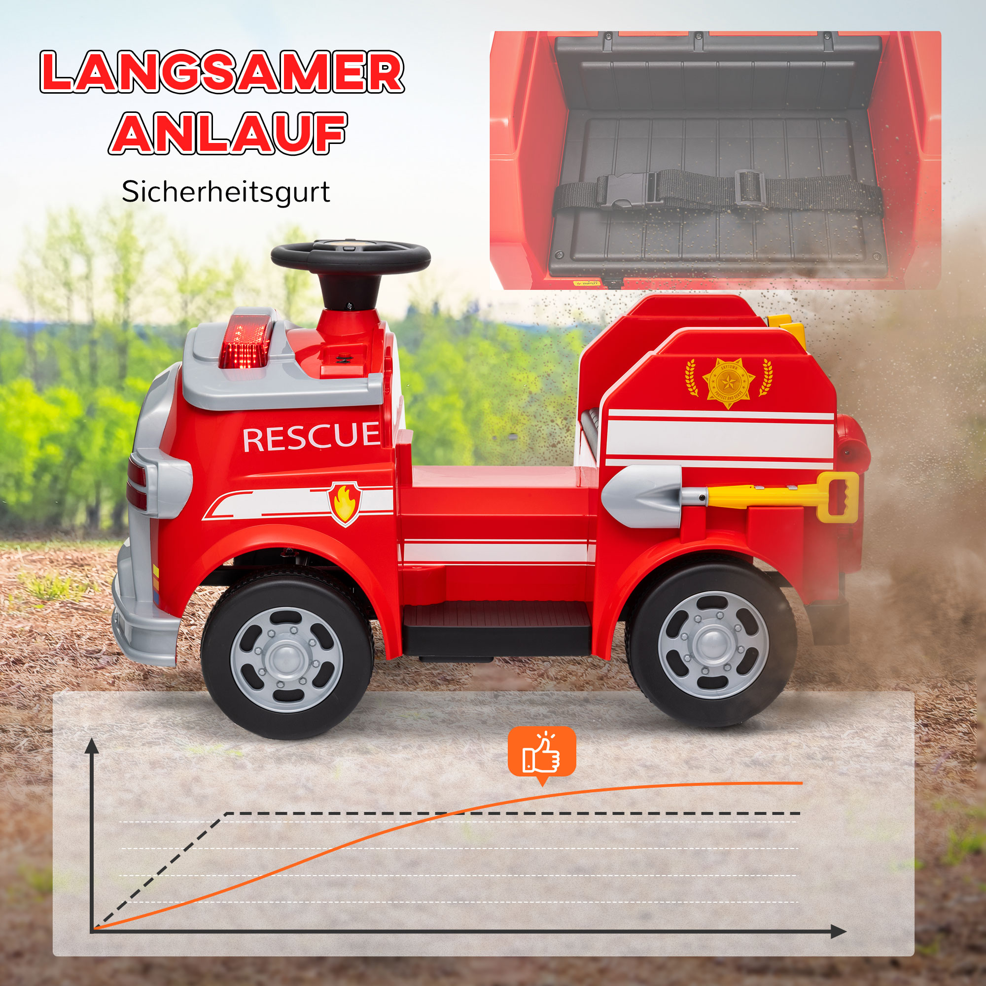 Feuerwehrauto, Elektro-Kinderauto, max. 3 km/h, Sirene, Blaulicht, Werkzeuge, für Kinder 3-5 Jahre