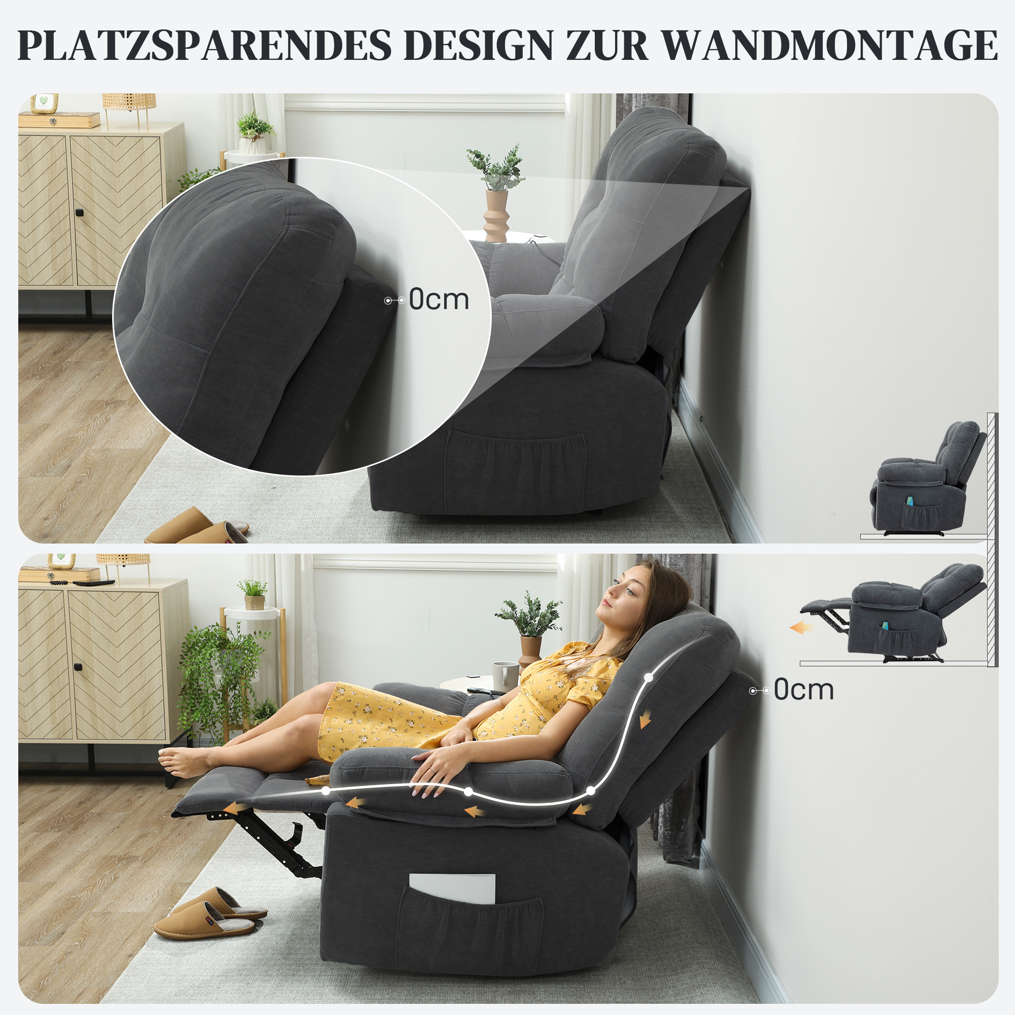 Recliner-Sessel, Massage-Polstersessel mit 8 Vibrationspunkten, verstellbare Fußstütze, Seitentasche, Lehnsessel, Grau