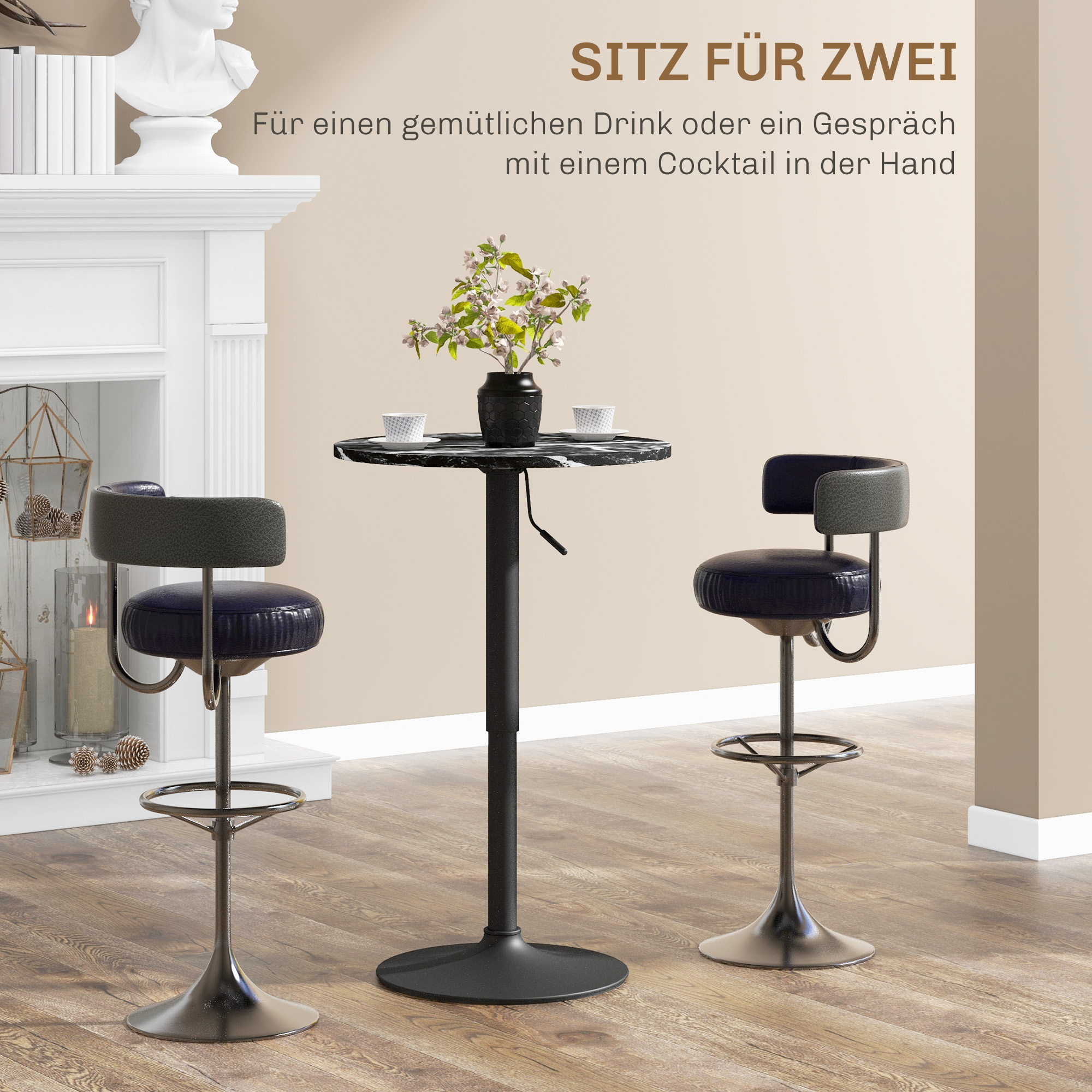 Bartisch für 2 Personen, höhenverstellbar, Marmoroptik, 60 x 60 x 68-93,5 cm, Schwarz