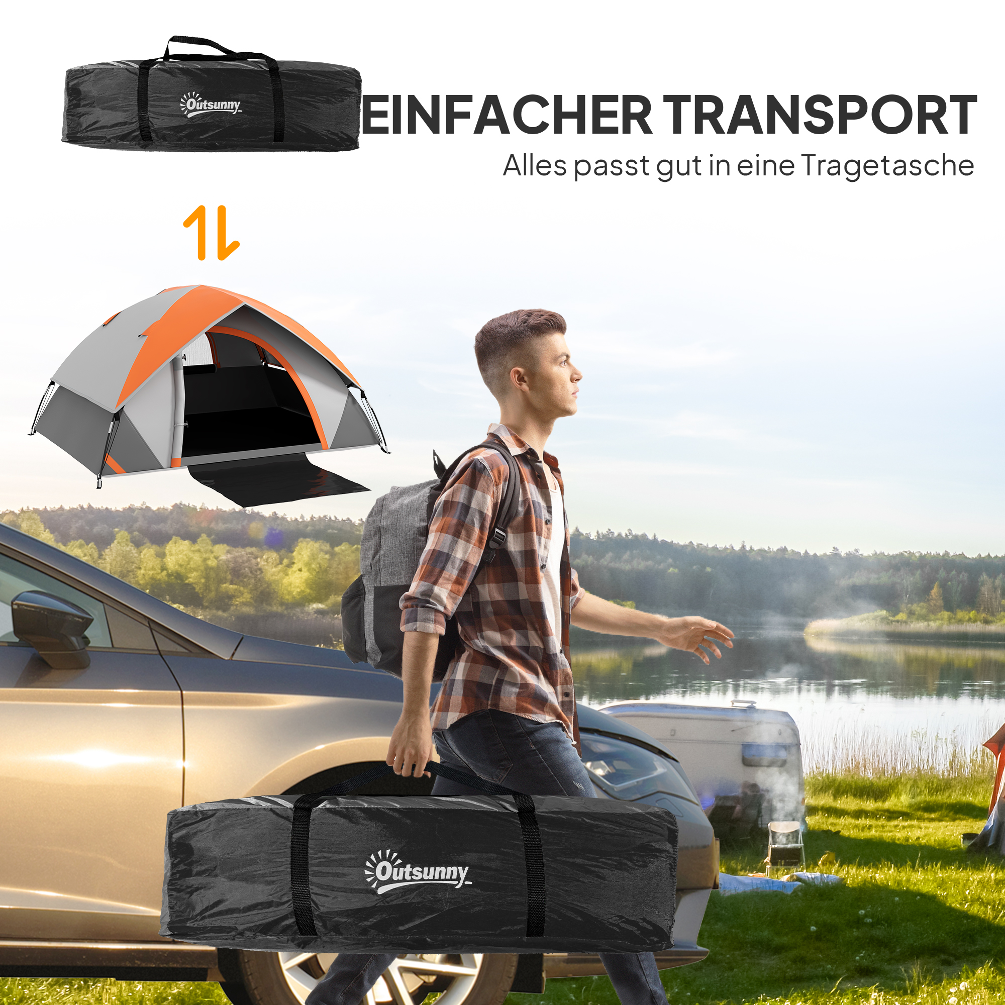 Kuppelzelt für 2 Personen leicht, stabil wasserdicht Familienzelt mit Tür&Fenster Packtasche Grau+Rostrot