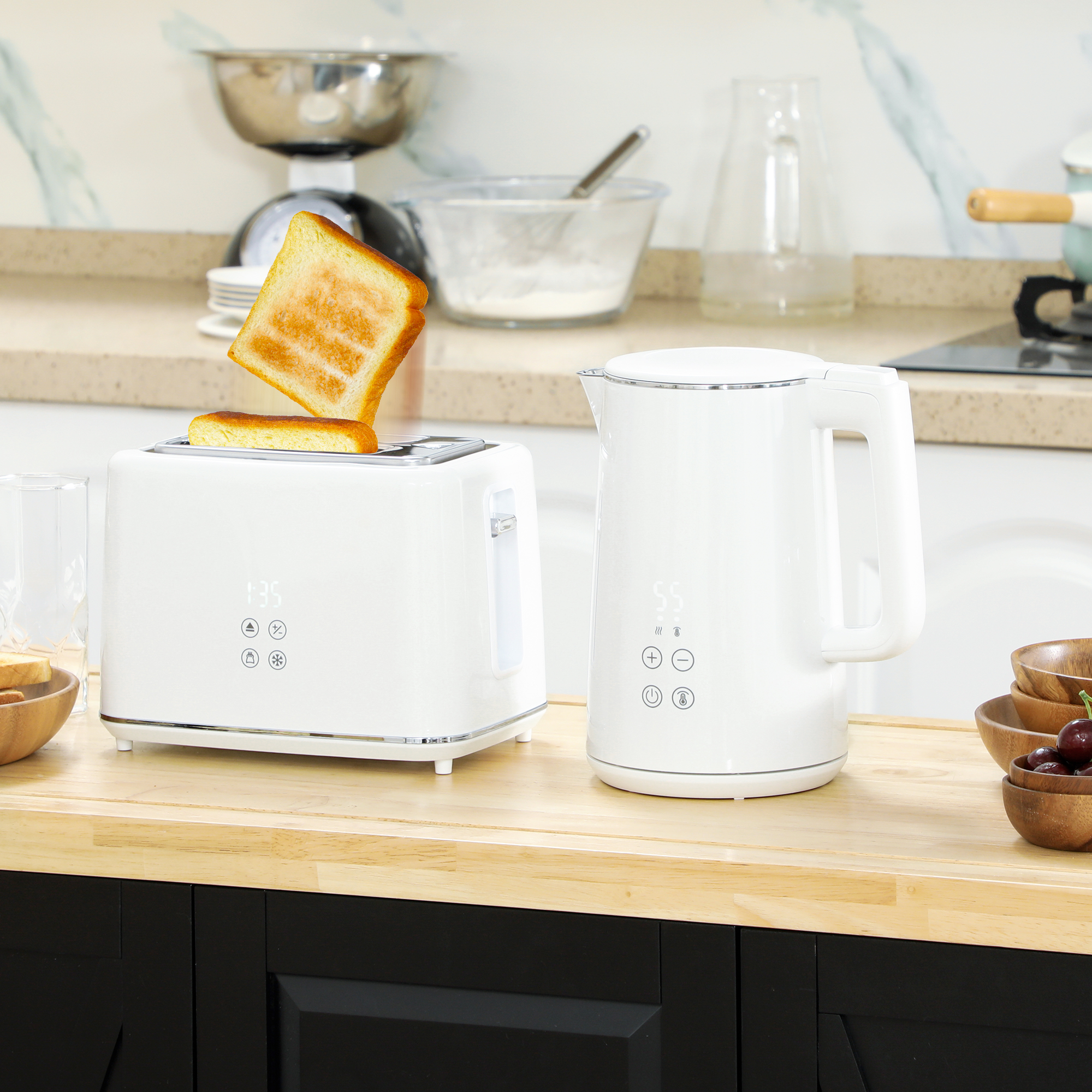 Küchenset mit Wasserkocher und Toaster, 7 Bräunungsstufen, schnelles Kochen, Edelstahl, Kunststoff, Weiß