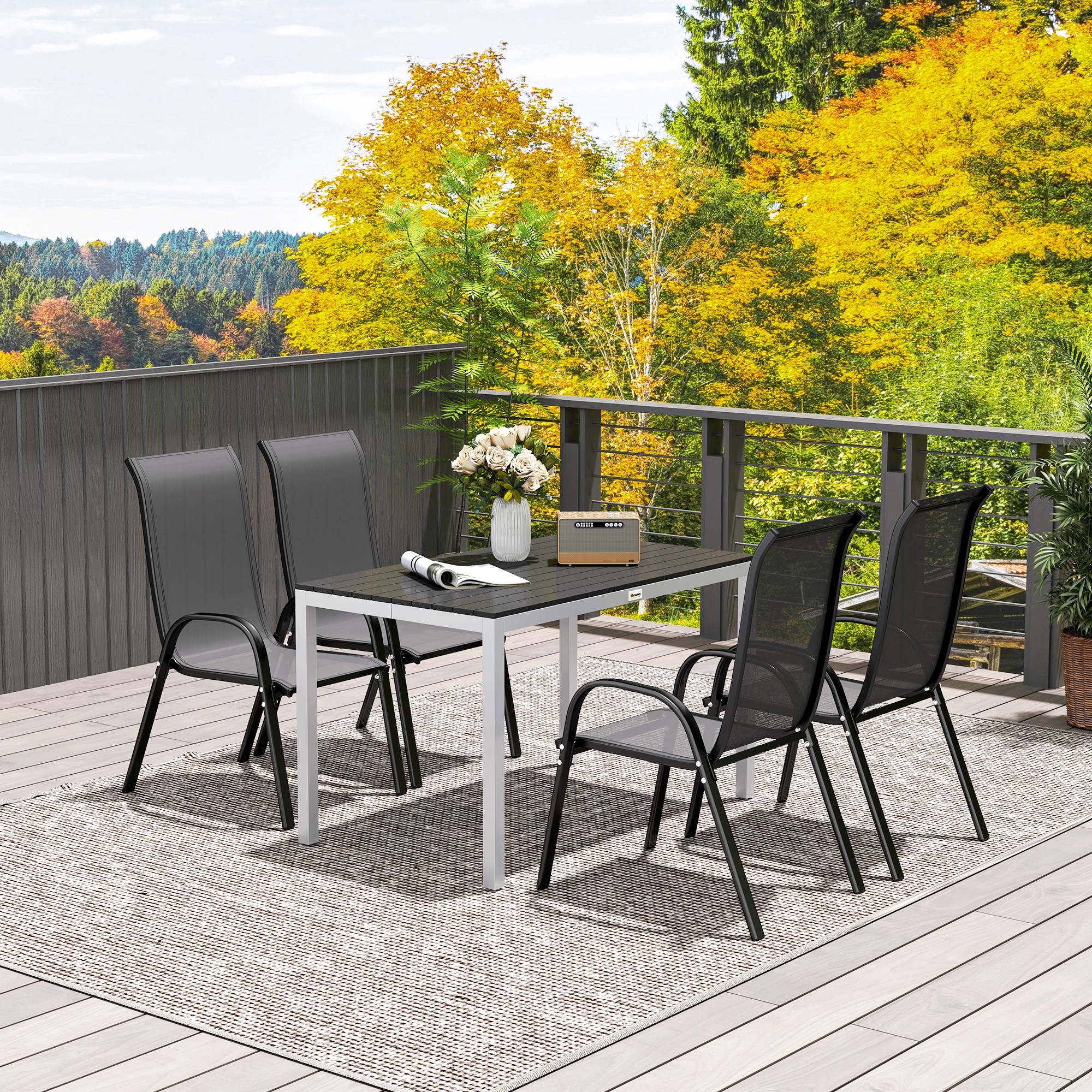 Gartentisch Aluminium 120x70 cm Wetterfest Balkontisch mit Holzoptik, für 4-6 Personen Schwarz