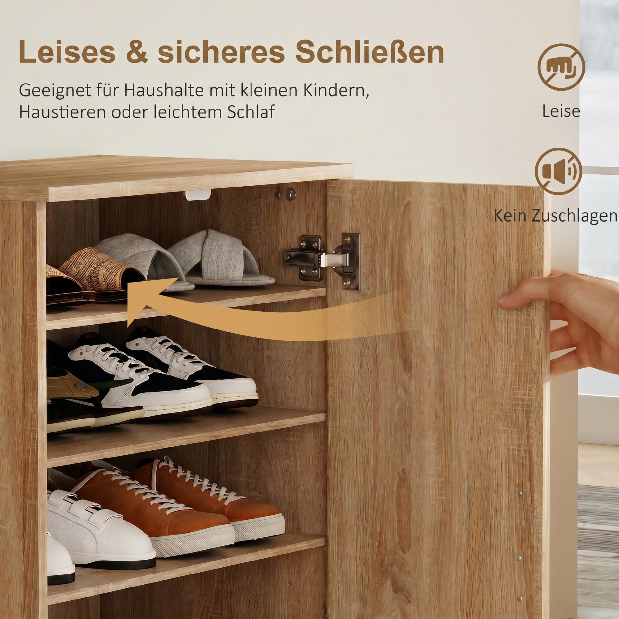 Schuhschrank mit 2 Türen, 6 verstellbare Regalböden, Soft-Close-Scharniere für 14 Paar Schuhe, Naturholz