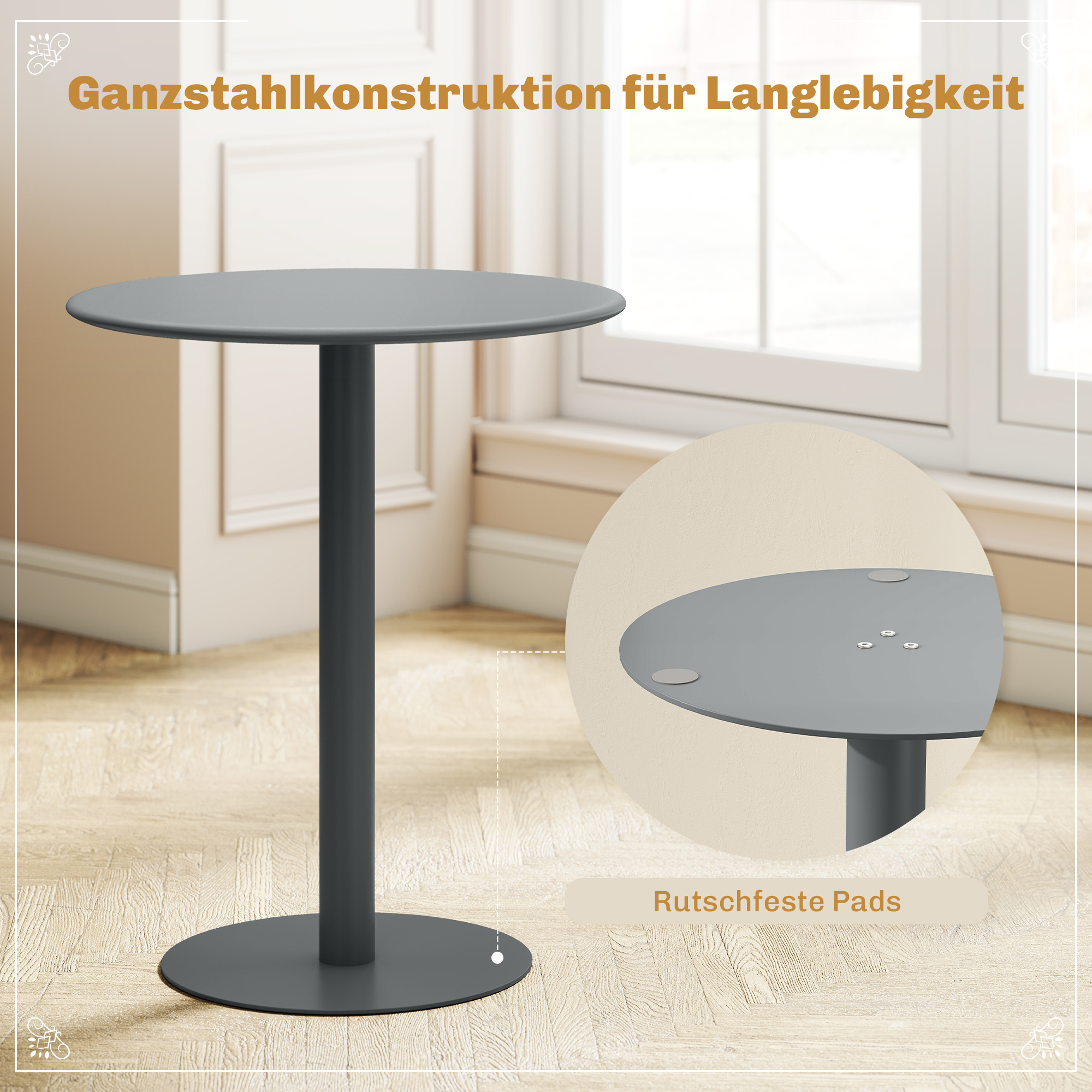 runder Esstisch für 2 Personen, Stahl, für drinnen und draußen, Grau