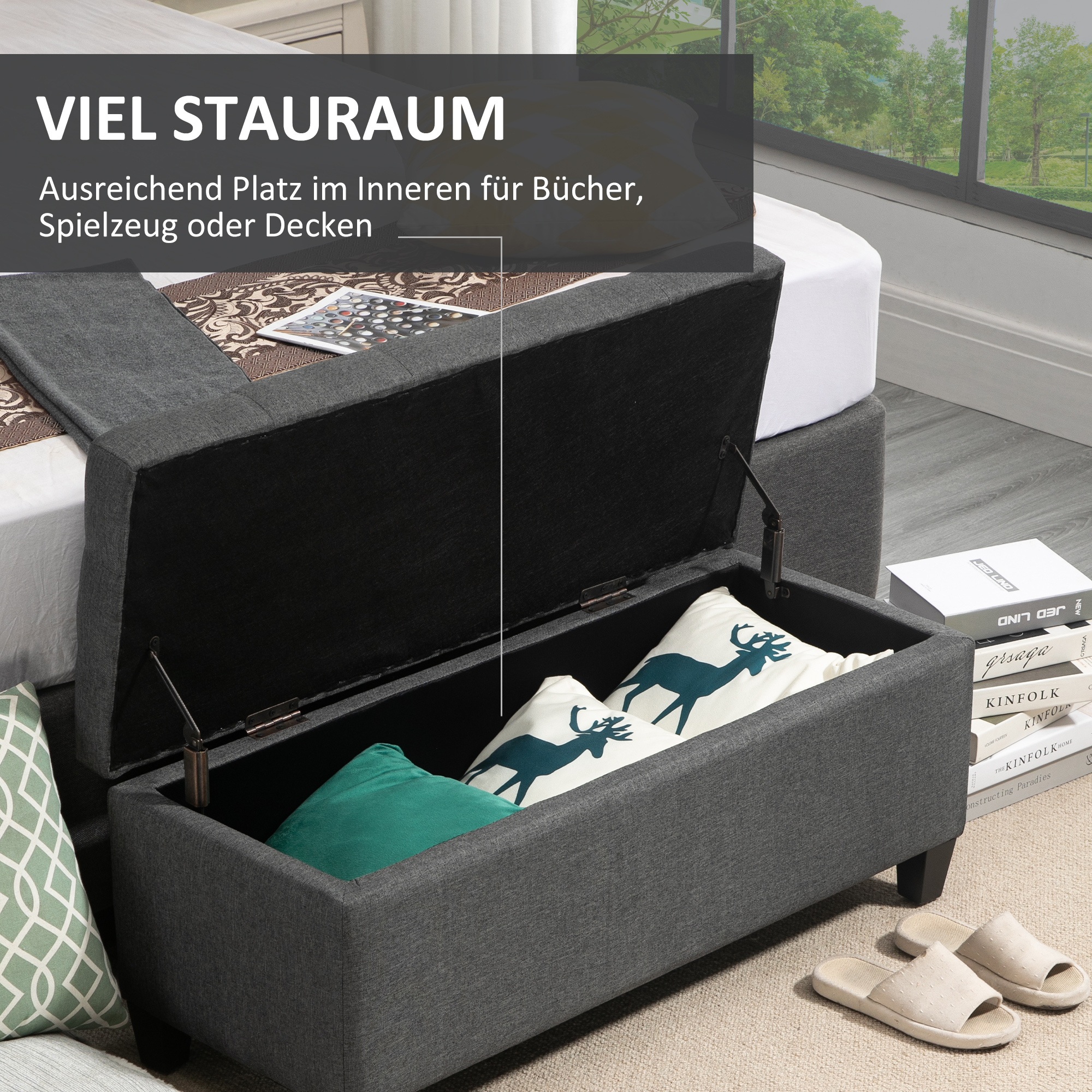 Sitzbank mit Stauraum Polsterbank mit Leinenoptik, Sitztruhe mit Holzbeine, Truhenbank für Wohnzimmer Schlafzimmer Flur 100 x 40 x 44 cm Dunkelgrau