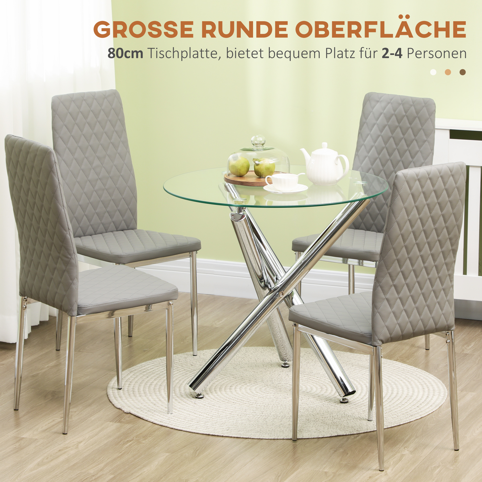 Esstisch, runde Hartglasplatte, randloses Design, für 2-4 Personen, Stahlbeine, 80 x 80 x 74 cm