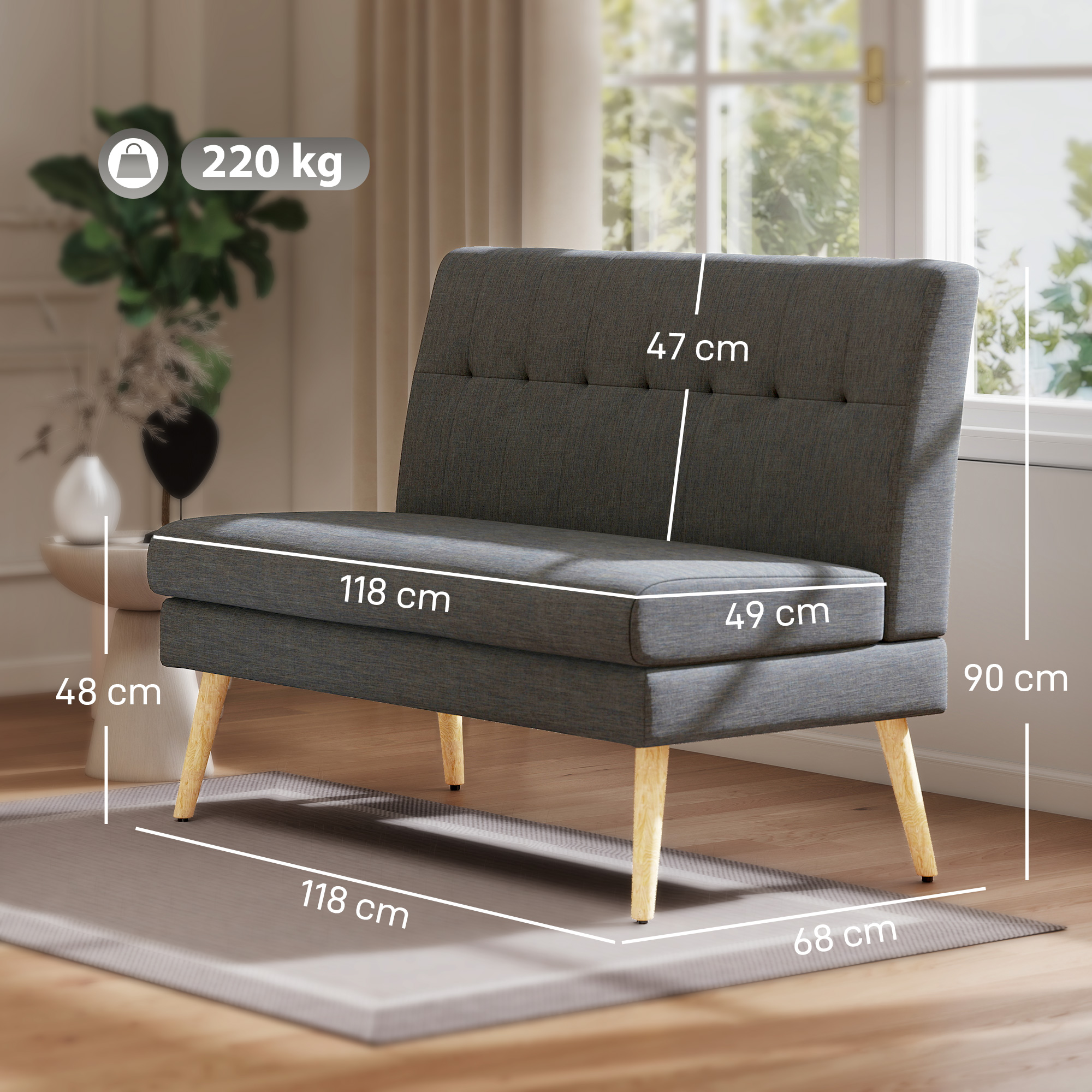 2-Sitzer-Sofa, getuftete Rückenlehne, Holzbeine, dicke Polsterung, Leinenoptik, für kleine Räume, Grau