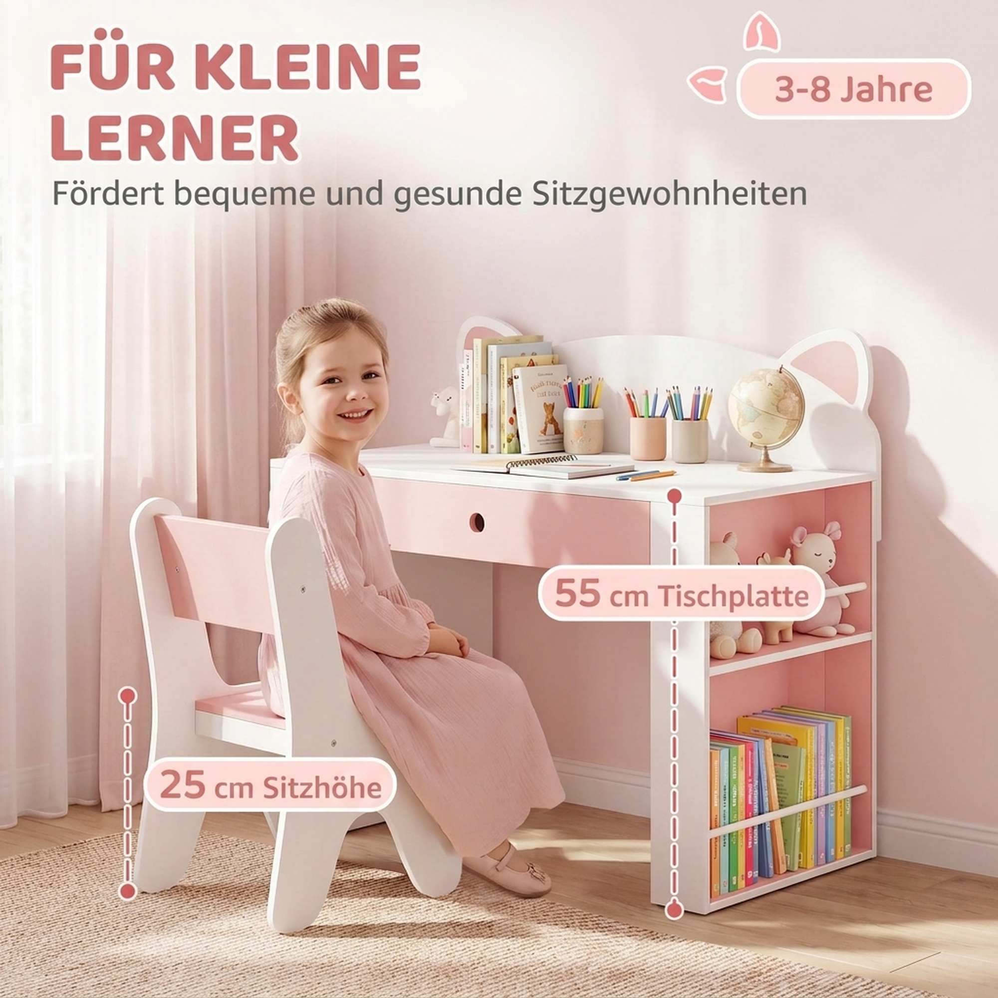 Kindertisch mit Stuhl 2 teilige Kindersitzgruppe mit Bücherregal Schublade Fuchs-Design für Kinder 3-8 Weiß+Rosa