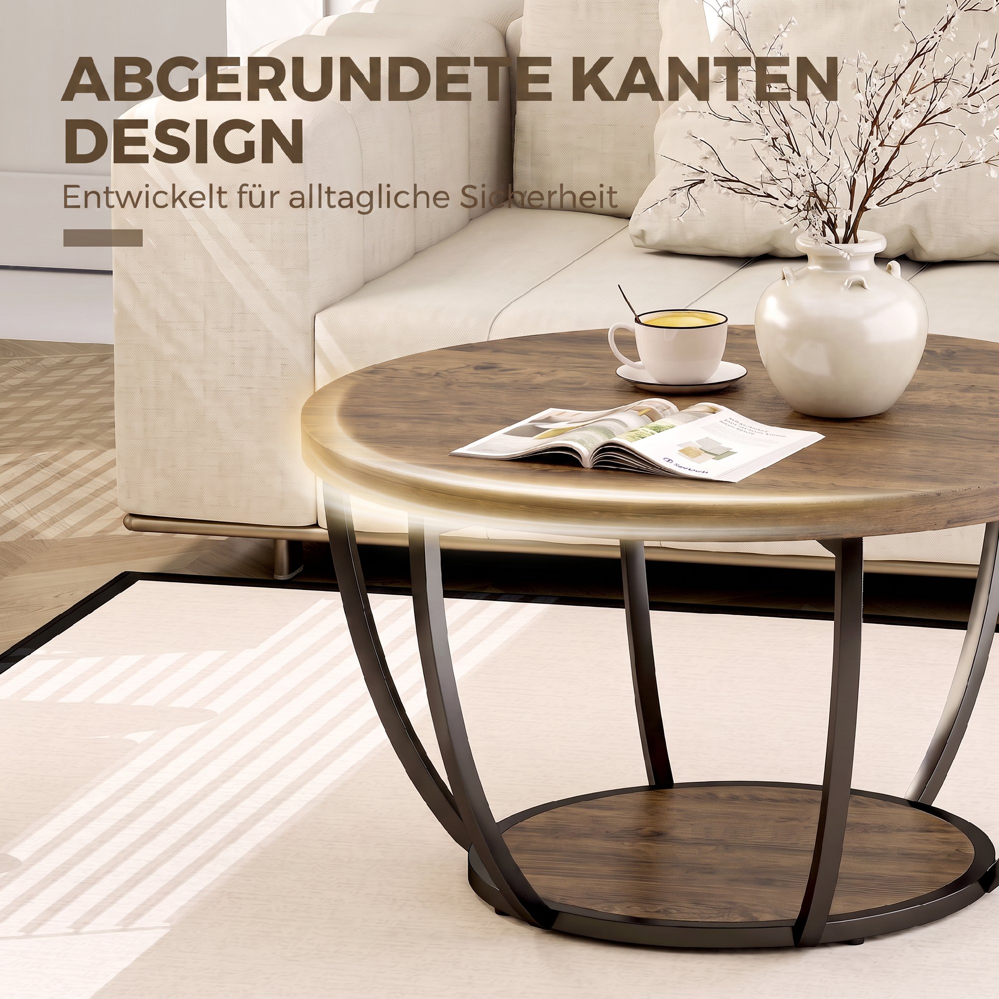 Couchtisch mit 2 Ebenen, Wohnzimmertisch 80 x 80 x 43,8 cm, Braun/Schwarz