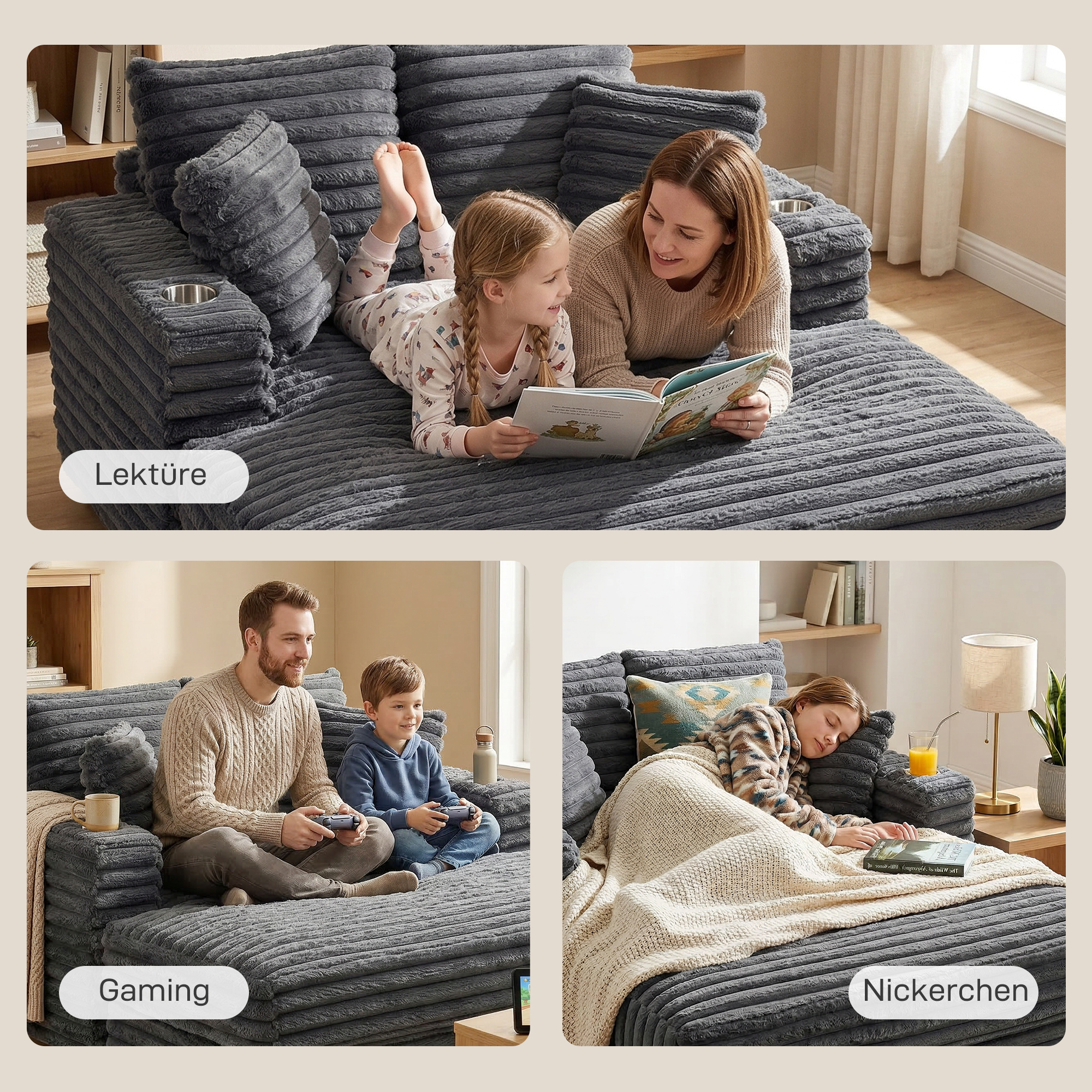 Chaiselongue 2 Sitzer Groß Schlafsofa 134 x 151 cm mit Becherhalter für Wohnzimmer, Grau
