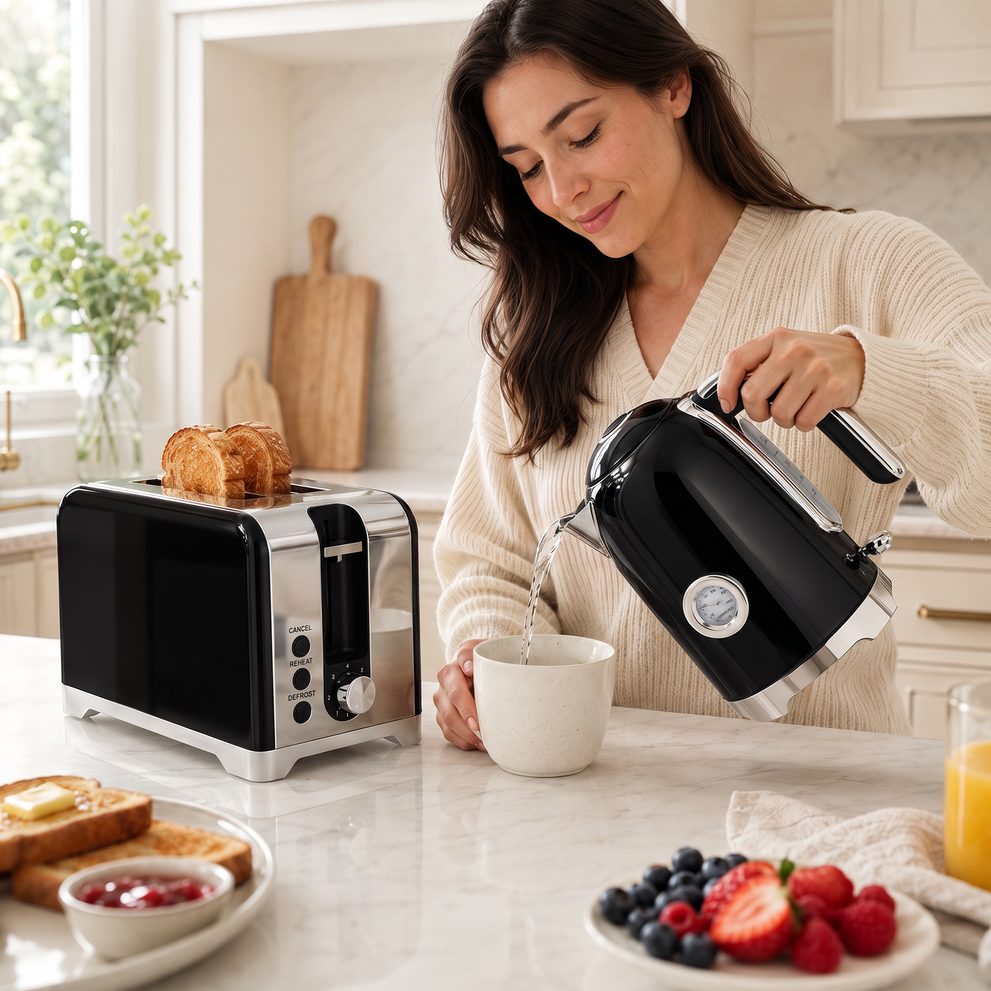 Wasserkocher und Toaster Set mit Thermometer, 1,7 l, 2200 W Wasserkocher, 2-Scheiben-Toaster mit 7 Bräunungsstufen