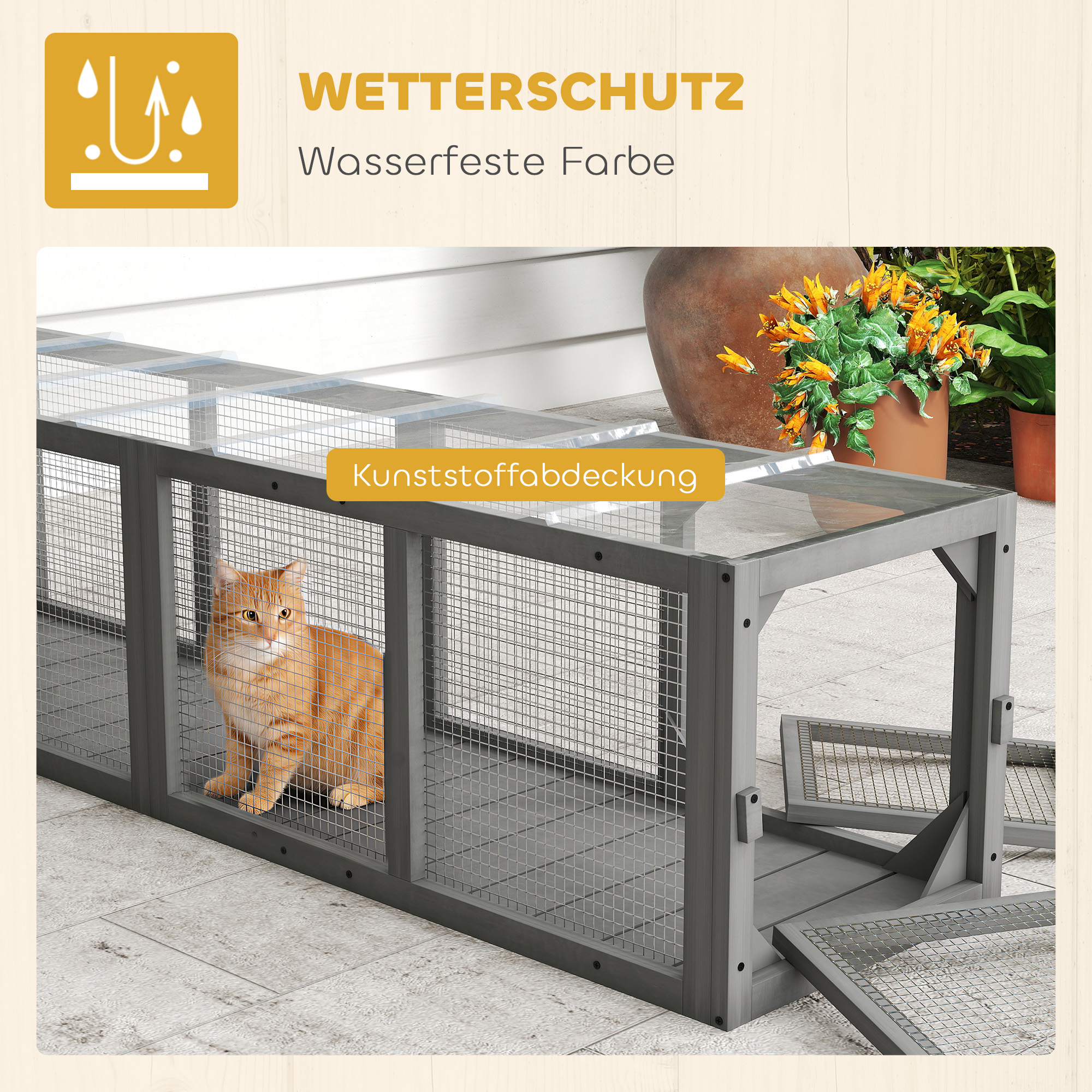 Katzentunnel Katzenspielzeug aus Holz mit 3 Türen, erweiterbar Spieltunnel für Katzen bis 10 kg, 151,5 x 38,5 cm Grau