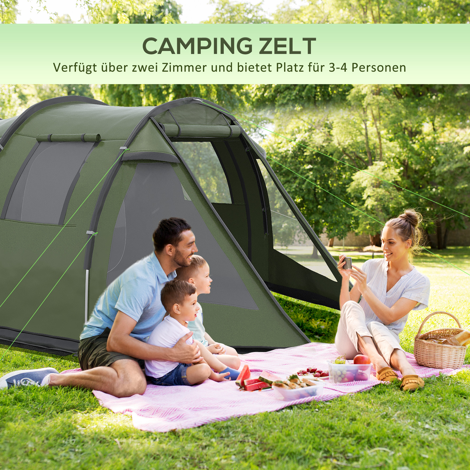 Campingzelt für 3-4 Personen, zwei Innenräume, Netzfenster, grün, 4,75 x 2,64 x 1,72 m
